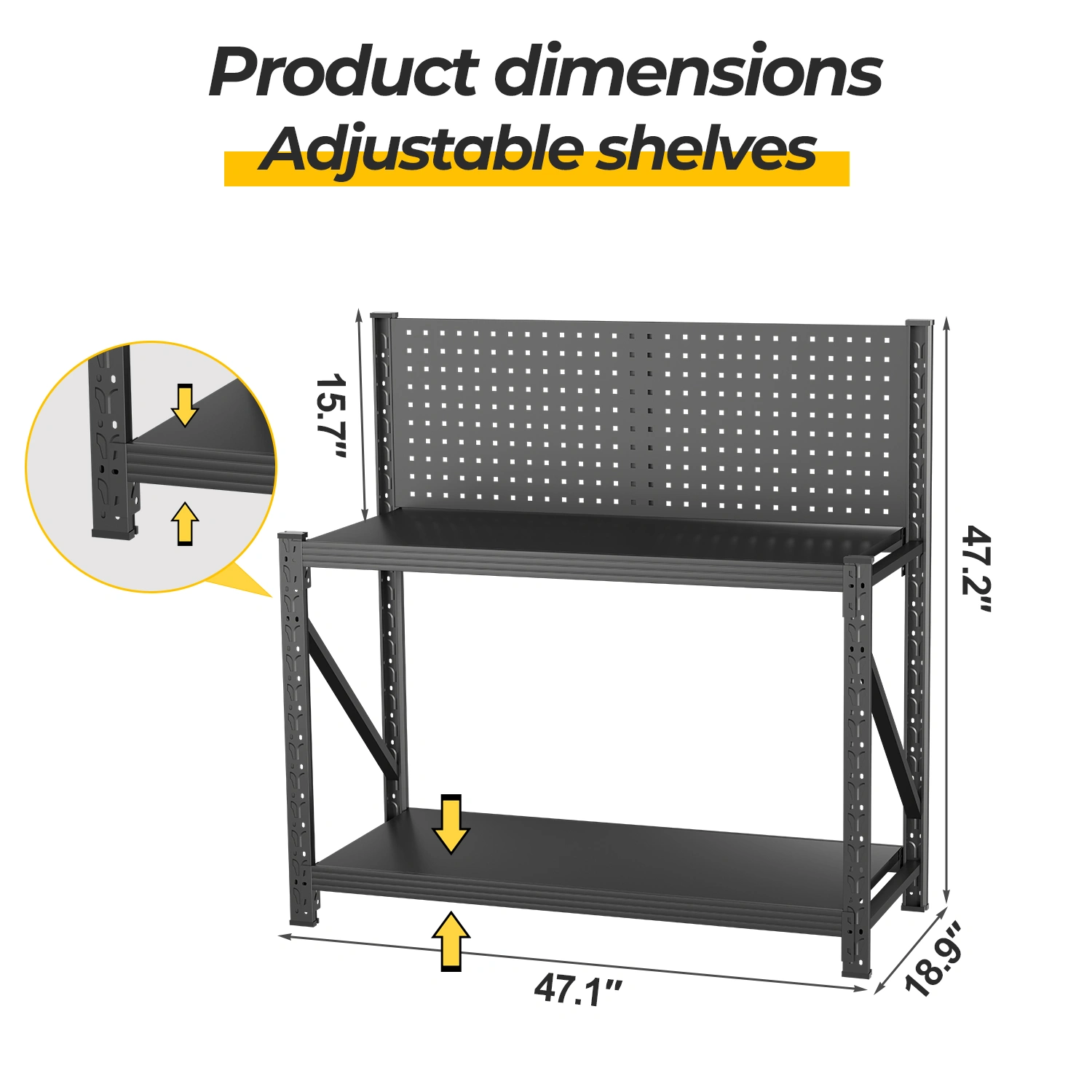 Heavy Duty Workbench 3000 lbs Capacity with Pegboard, Wheels, Adjustable Shelves, Tool Cart Work Table for Garage Warehouse, 47.2"H x 47.09"W x 19"D view 2