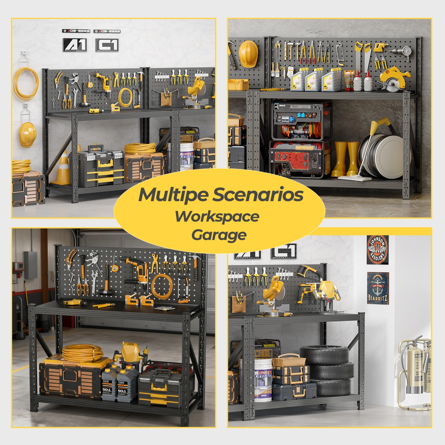 Heavy Duty Workbench 3000 lbs Capacity with Pegboard, Wheels, Adjustable Shelves, Tool Cart Work Table for Garage Warehouse, 47.2"H x 47.09"W x 19"D view 6