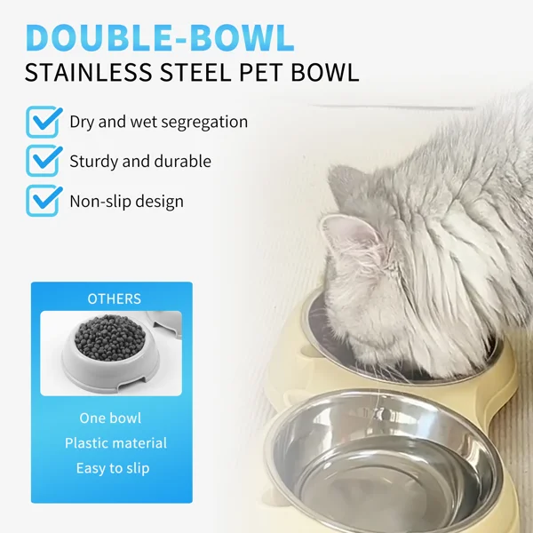 Anti slip base double cat food bowl, yellow stainless steel food and water bowl, easy to clean and detachable design, cat and dog pet feeder view 3