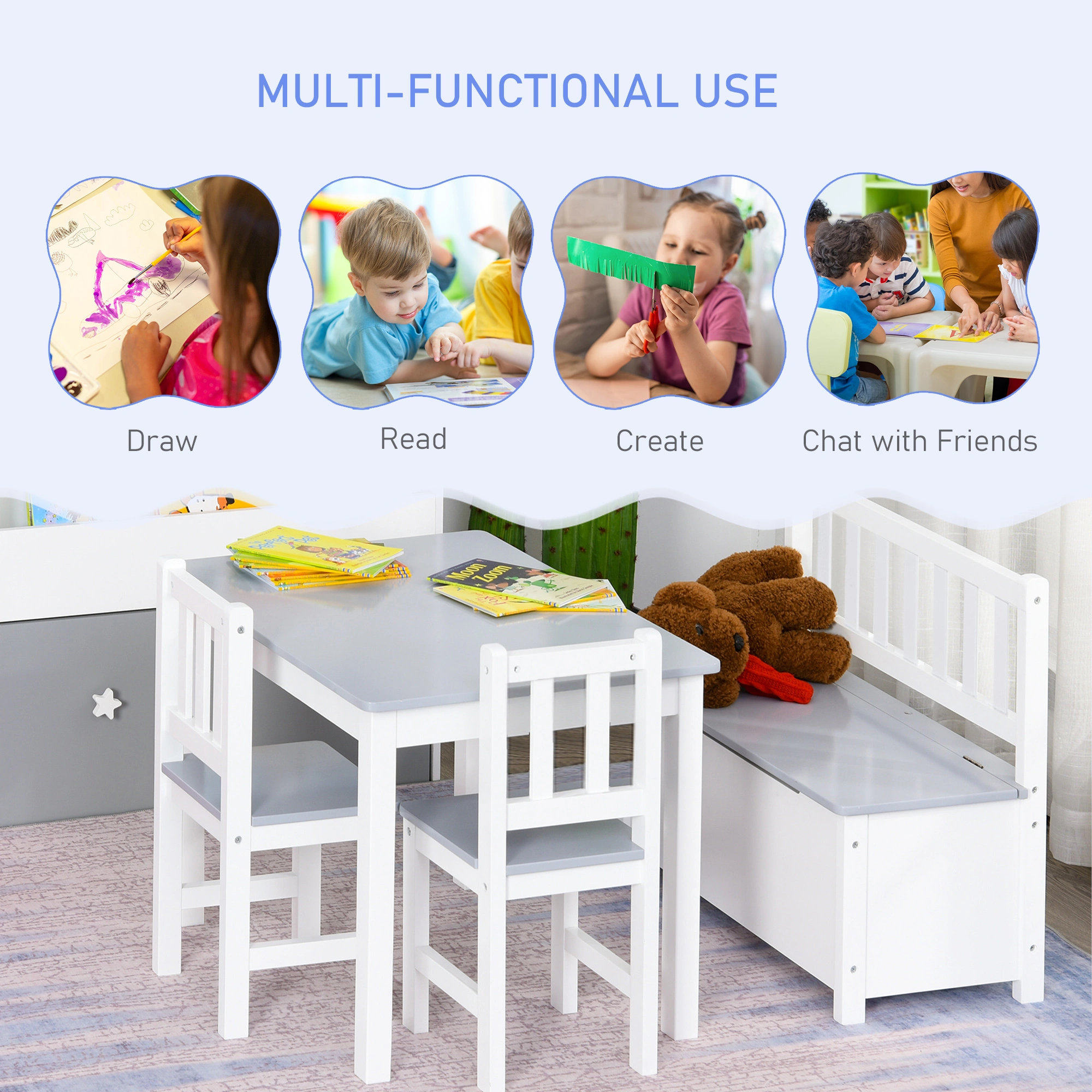 Kids Desk and Chair Set, Wooden Kids Study Table with Storage Shelf and Matching Chair, Activity Center for Toddlers Ages 3-6, Brown view 3