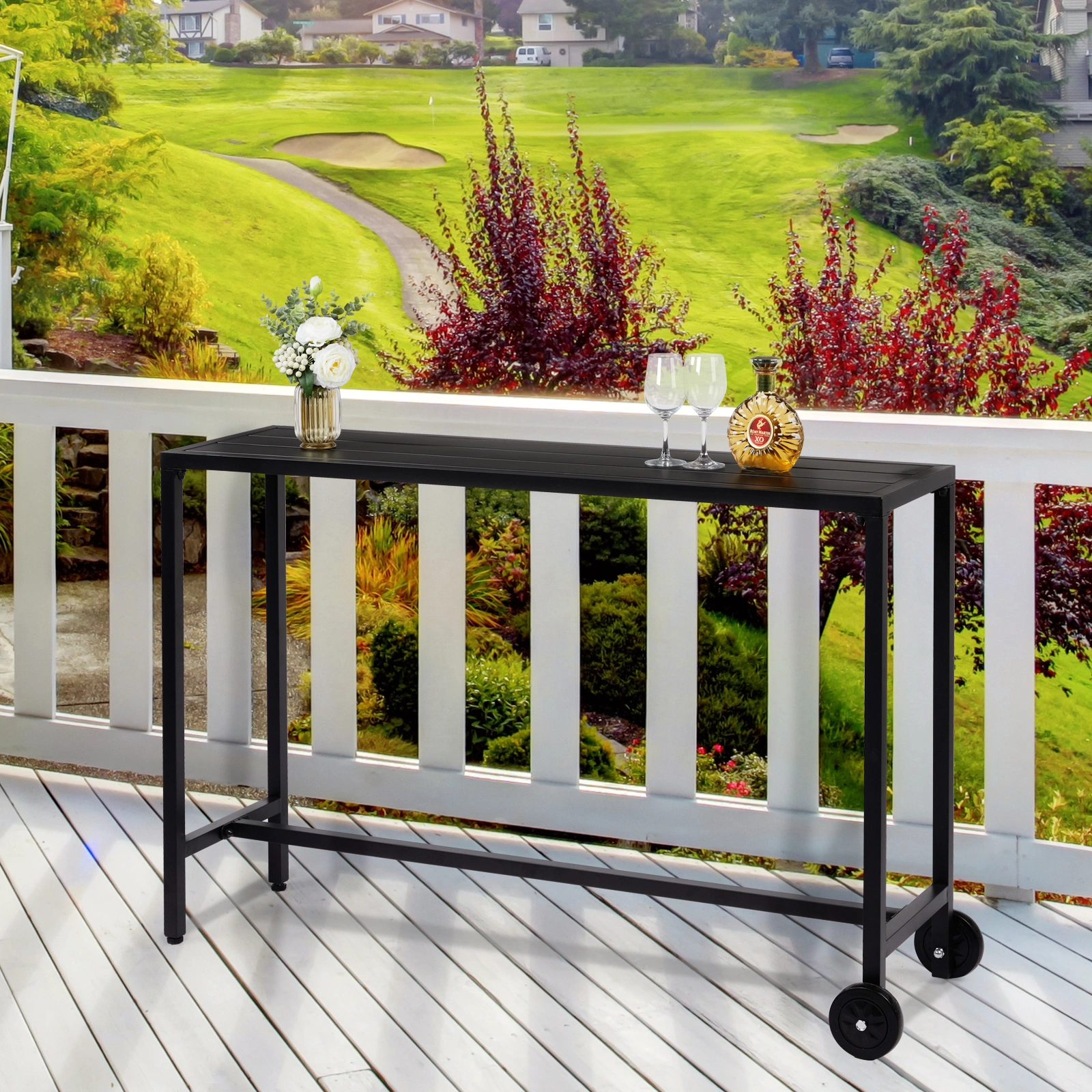 55" Outdoor Bar Table with Wheels, Rectangle Narrow Counter Height Table, Ideal Bar Height Table for Balcony Patio Garden Yard Poolside, Black view 10
