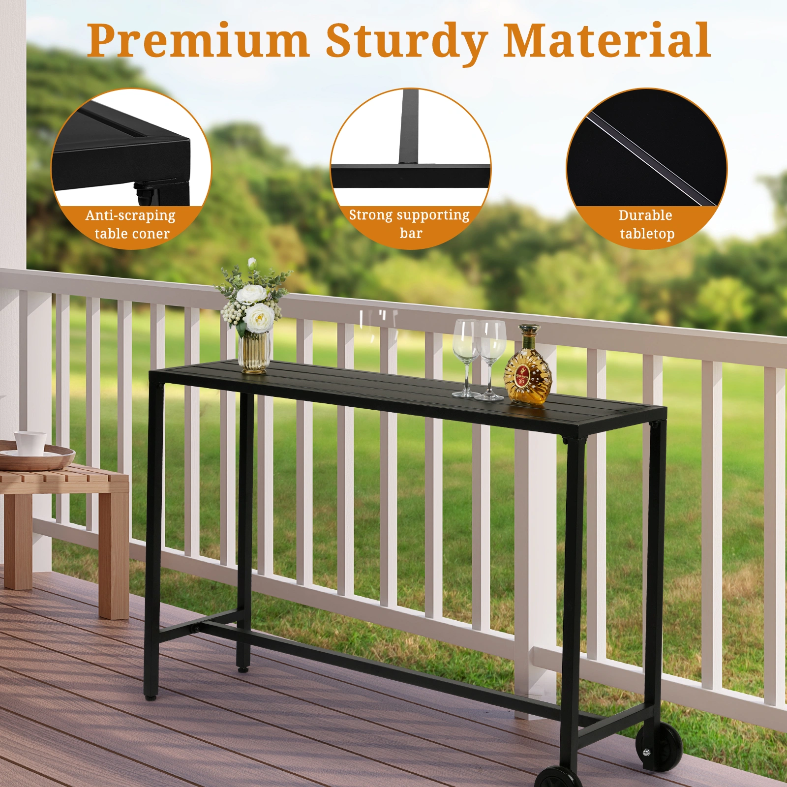 55" Outdoor Bar Table with Wheels, Rectangle Narrow Counter Height Table, Ideal Bar Height Table for Balcony Patio Garden Yard Poolside, Black view 11