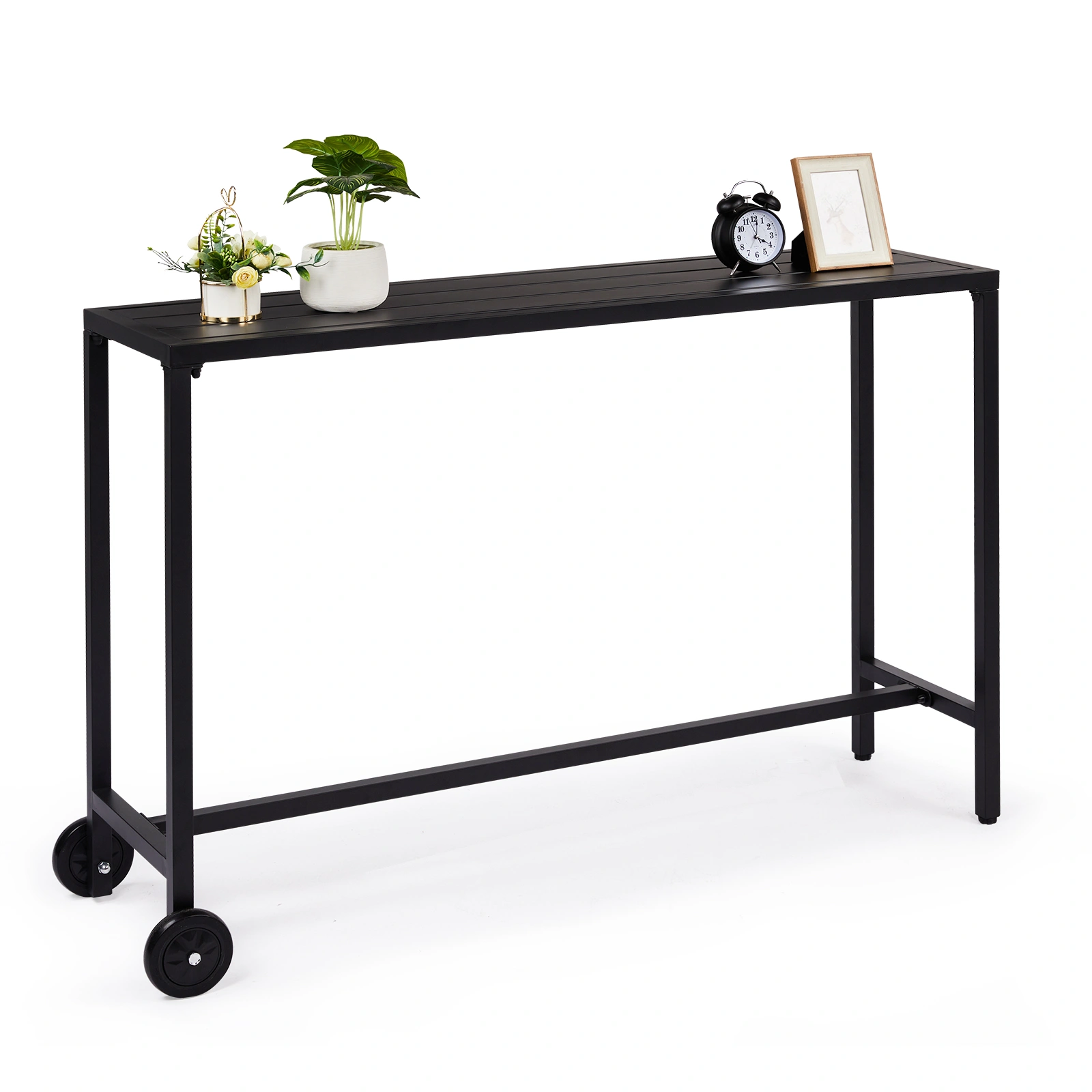 55" Outdoor Bar Table with Wheels, Rectangle Narrow Counter Height Table, Ideal Bar Height Table for Balcony Patio Garden Yard Poolside, Black view 2