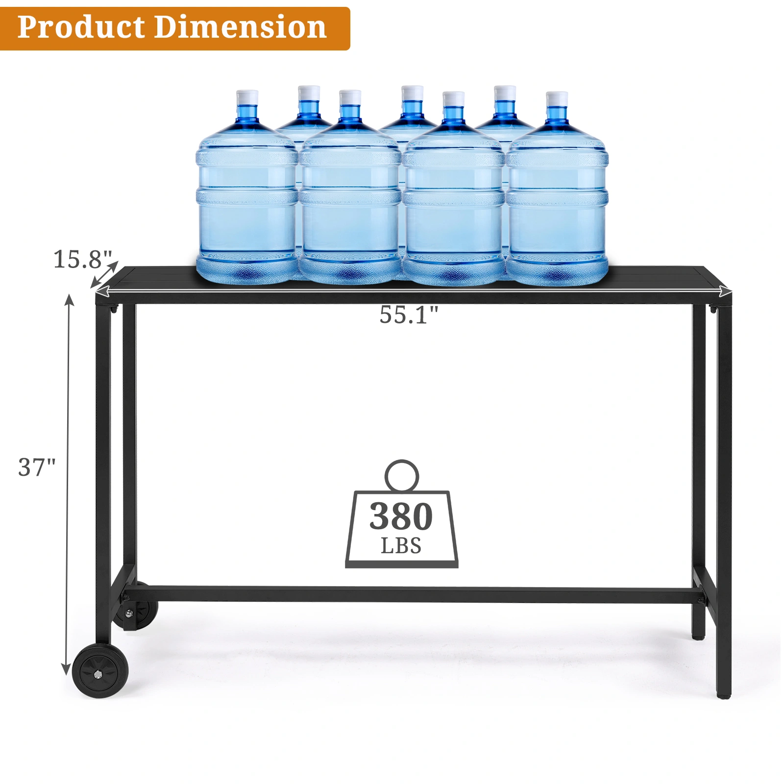55" Outdoor Bar Table with Wheels, Rectangle Narrow Counter Height Table, Ideal Bar Height Table for Balcony Patio Garden Yard Poolside, Black view 3