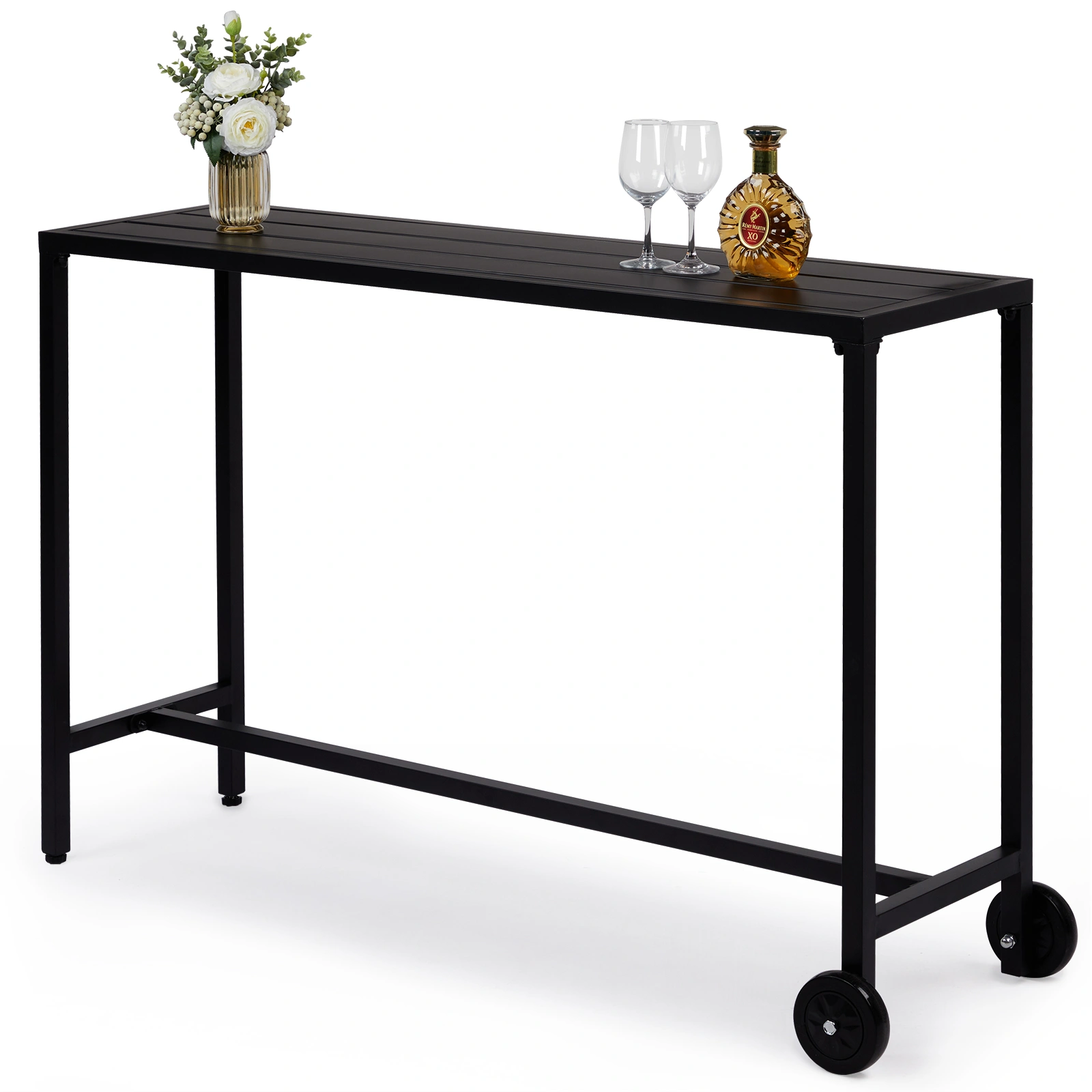 55" Outdoor Bar Table with Wheels, Rectangle Narrow Counter Height Table, Ideal Bar Height Table for Balcony Patio Garden Yard Poolside, Black view 4