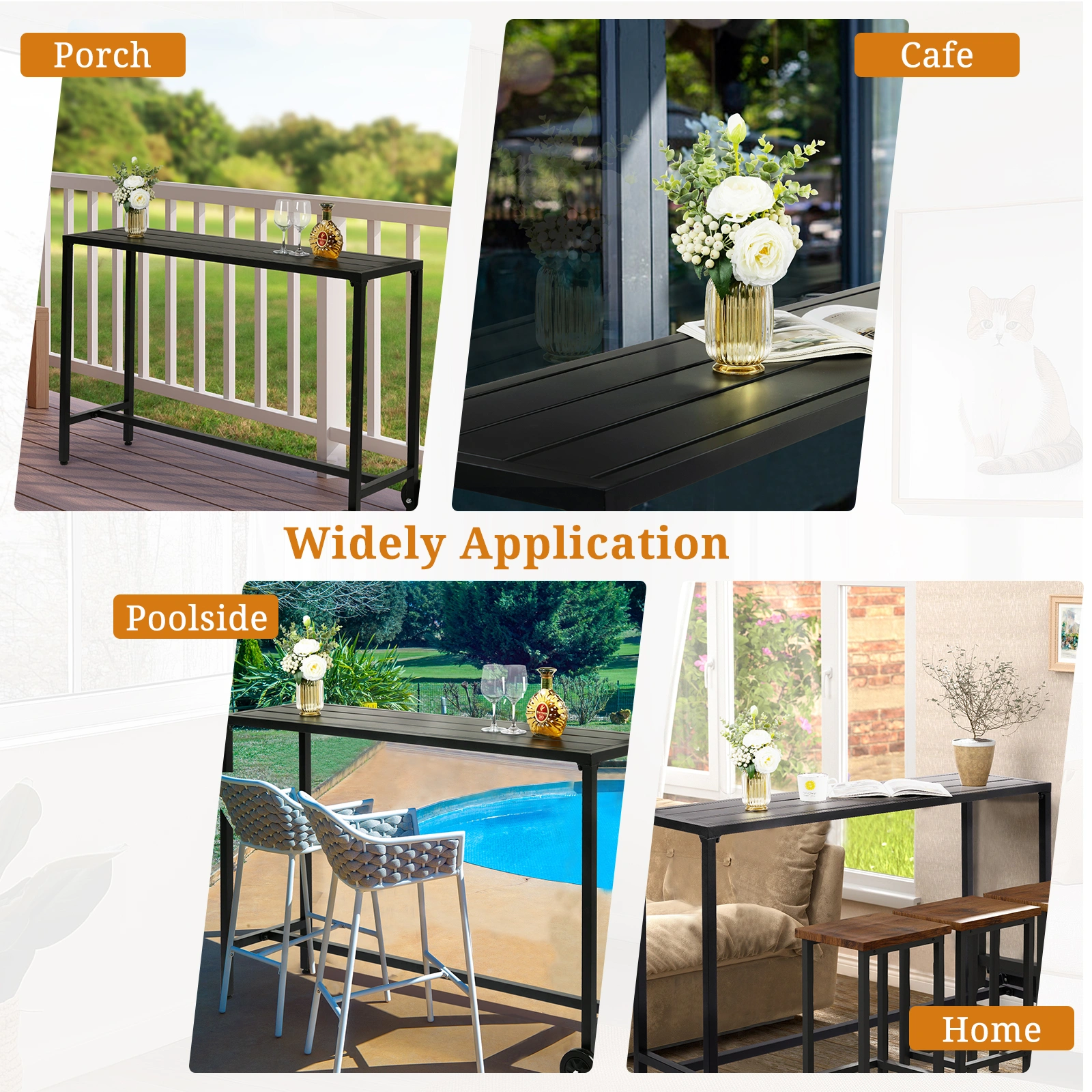 55" Outdoor Bar Table with Wheels, Rectangle Narrow Counter Height Table, Ideal Bar Height Table for Balcony Patio Garden Yard Poolside, Black view 6