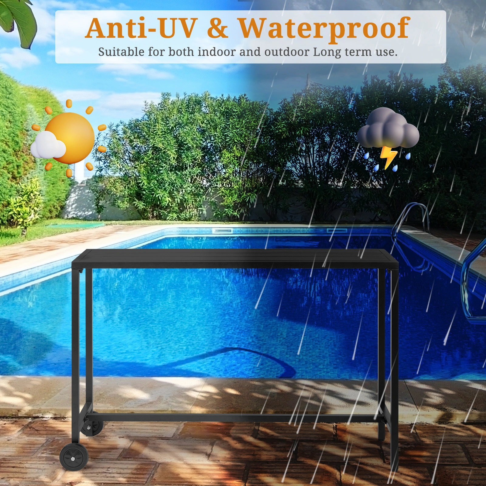 55" Outdoor Bar Table with Wheels, Rectangle Narrow Counter Height Table, Ideal Bar Height Table for Balcony Patio Garden Yard Poolside, Black view 8