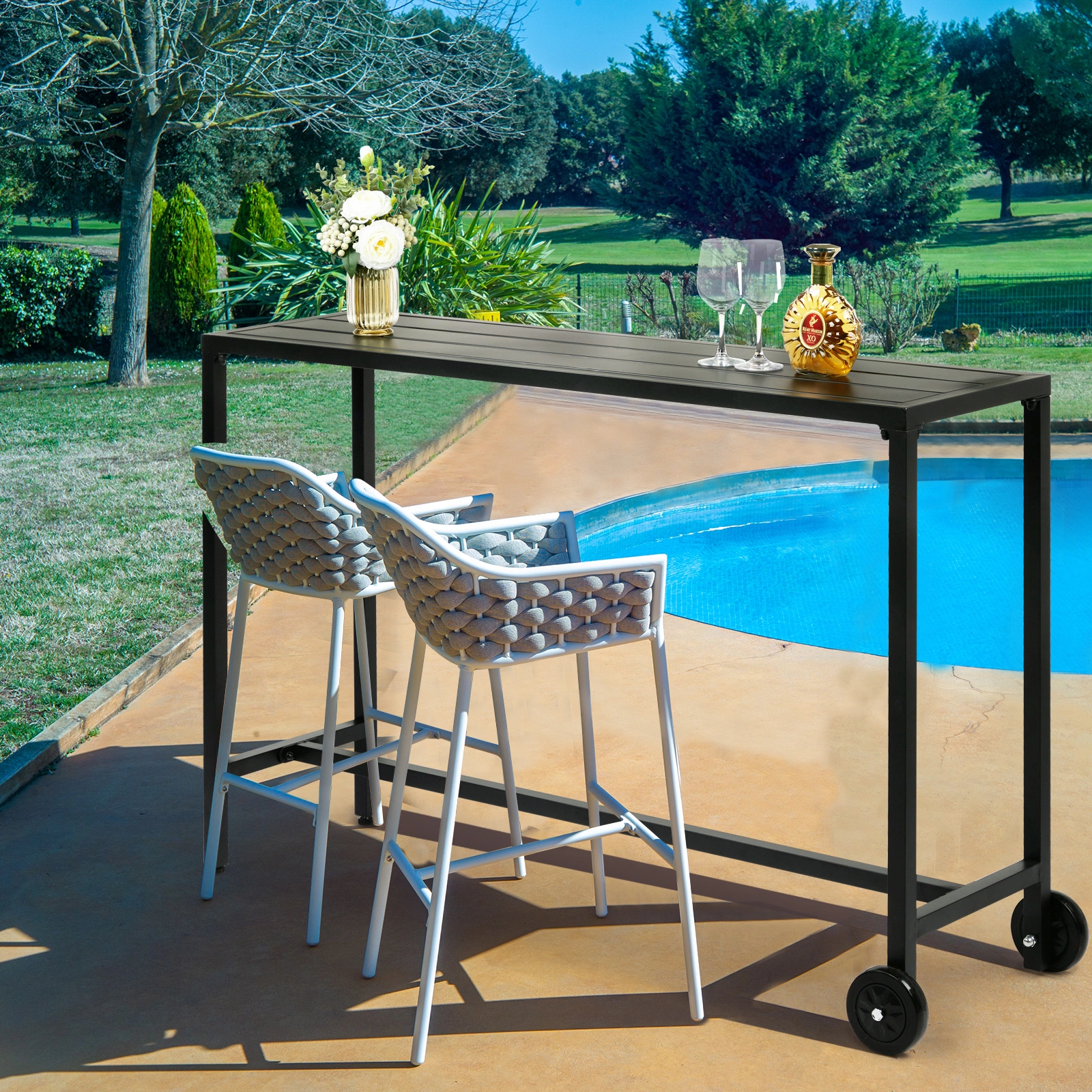 55" Outdoor Bar Table with Wheels, Rectangle Narrow Counter Height Table, Ideal Bar Height Table for Balcony Patio Garden Yard Poolside, Black view 9