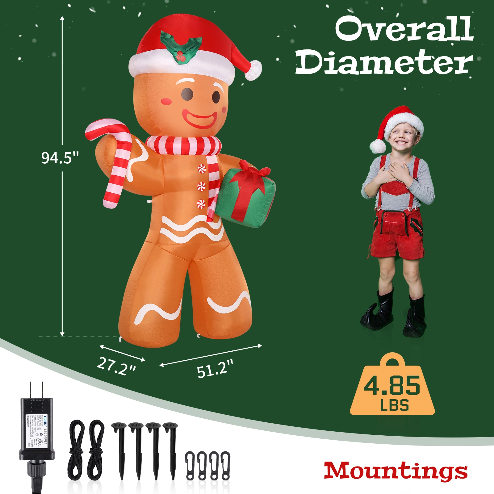 8ft Gingerbread Man String Lights, 5 LED 15W Candy Cane Gift Holders, Outdoor Garden Christmas Decoration for Yard & Lawn view 12