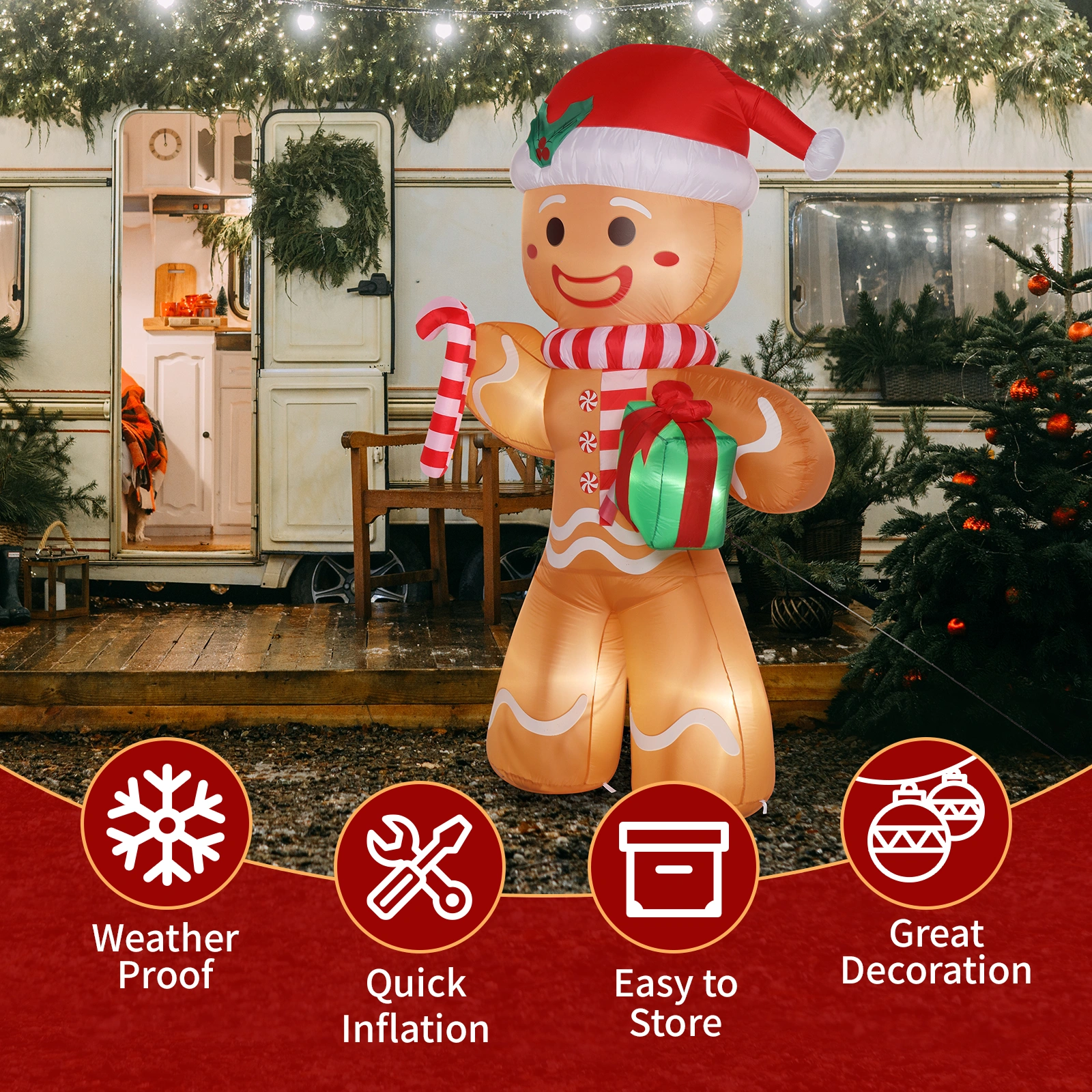 8ft Gingerbread Man String Lights, 5 LED 15W Candy Cane Gift Holders, Outdoor Garden Christmas Decoration for Yard & Lawn view 19