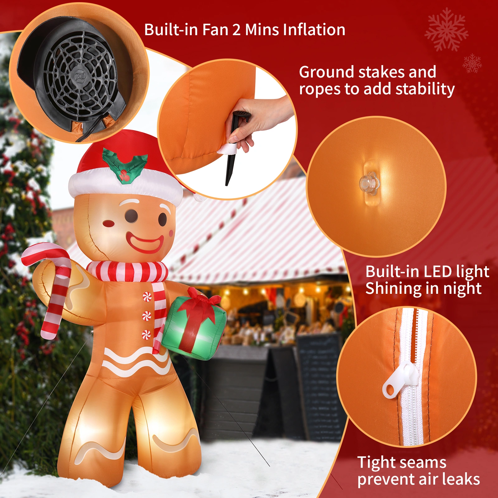 8ft Gingerbread Man String Lights, 5 LED 15W Candy Cane Gift Holders, Outdoor Garden Christmas Decoration for Yard & Lawn view 21