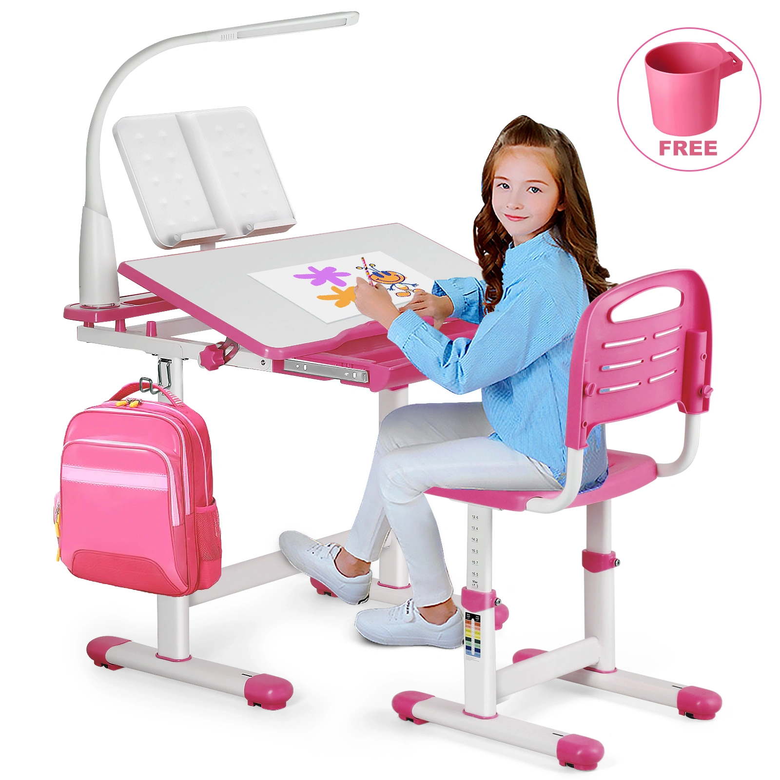 Kids Desk and Chair Set, Study Writing Table and Seat for Children, Adjustable Home School Furniture