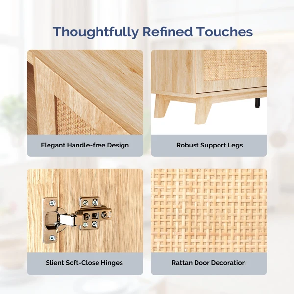 70" Oak Finish Low-Profile Fireplace TV Stand with 2 Doors & Rattan Front for 18" Insert view 3