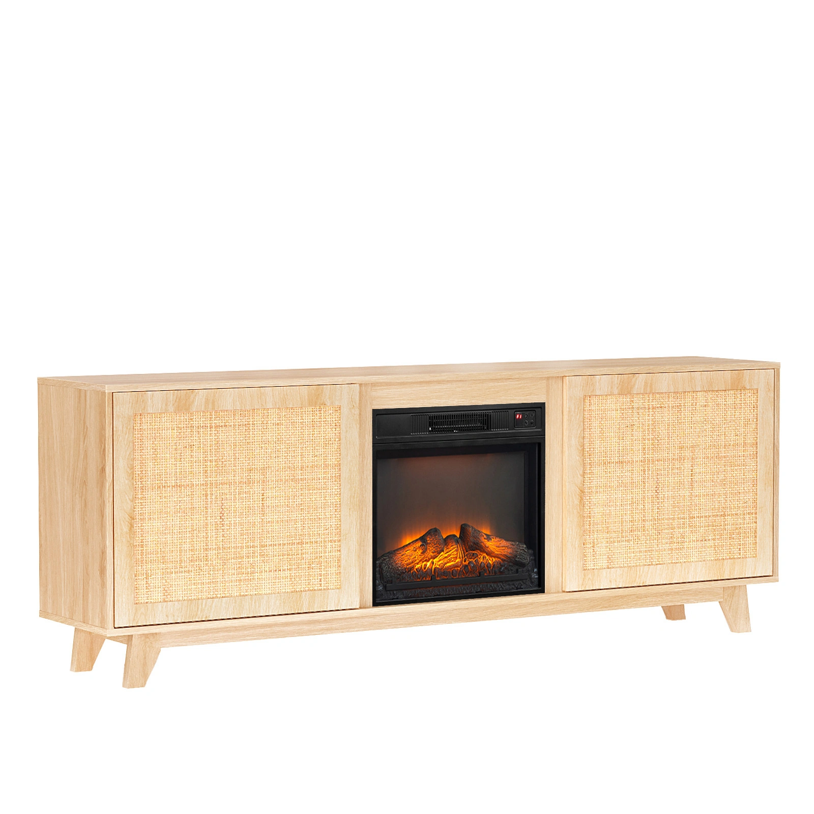 70" Oak Finish Low-Profile Fireplace TV Stand with 2 Doors & Rattan Front for 18" Insert