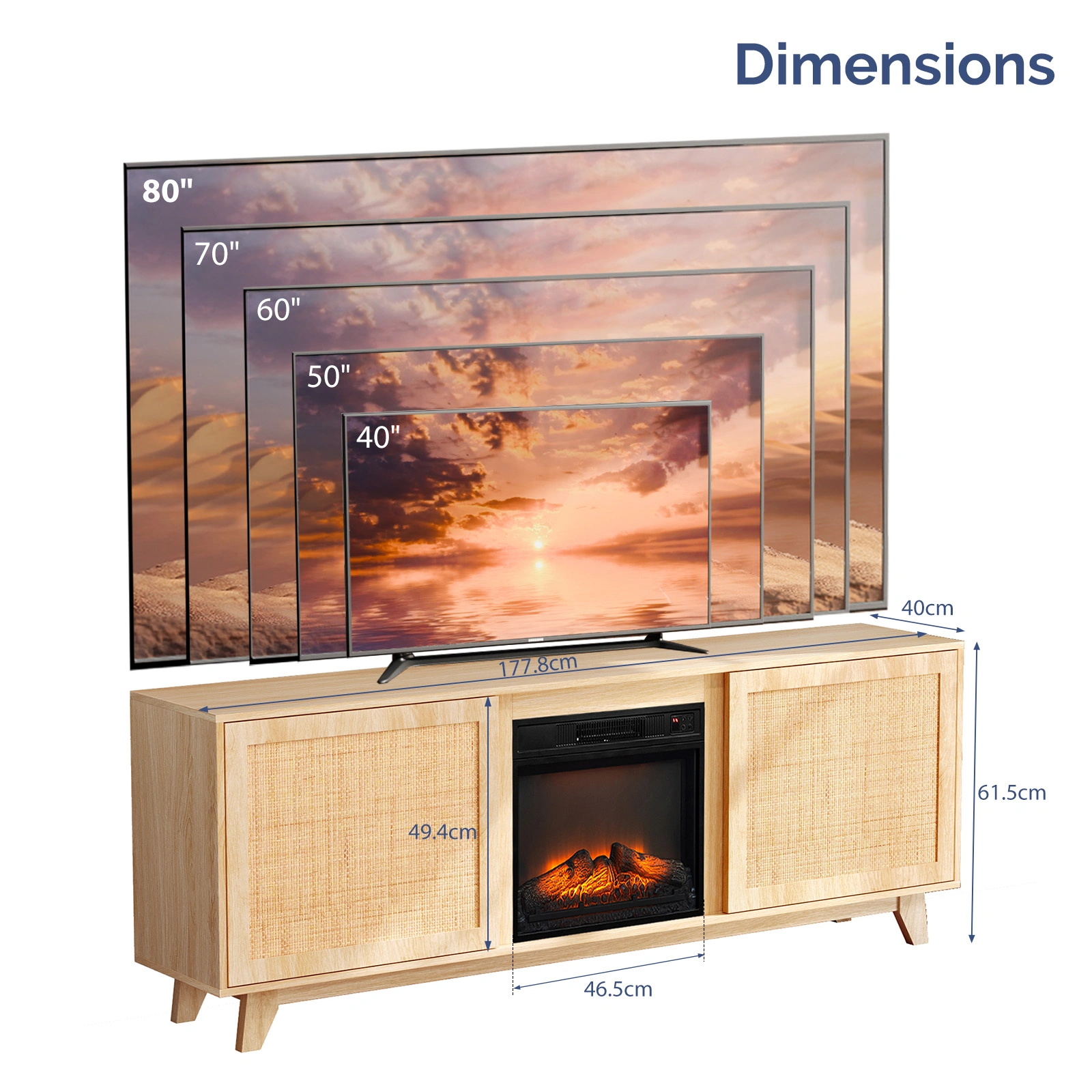 70" Oak Finish Low-Profile Fireplace TV Stand with 2 Doors & Rattan Front for 18" Insert view 5