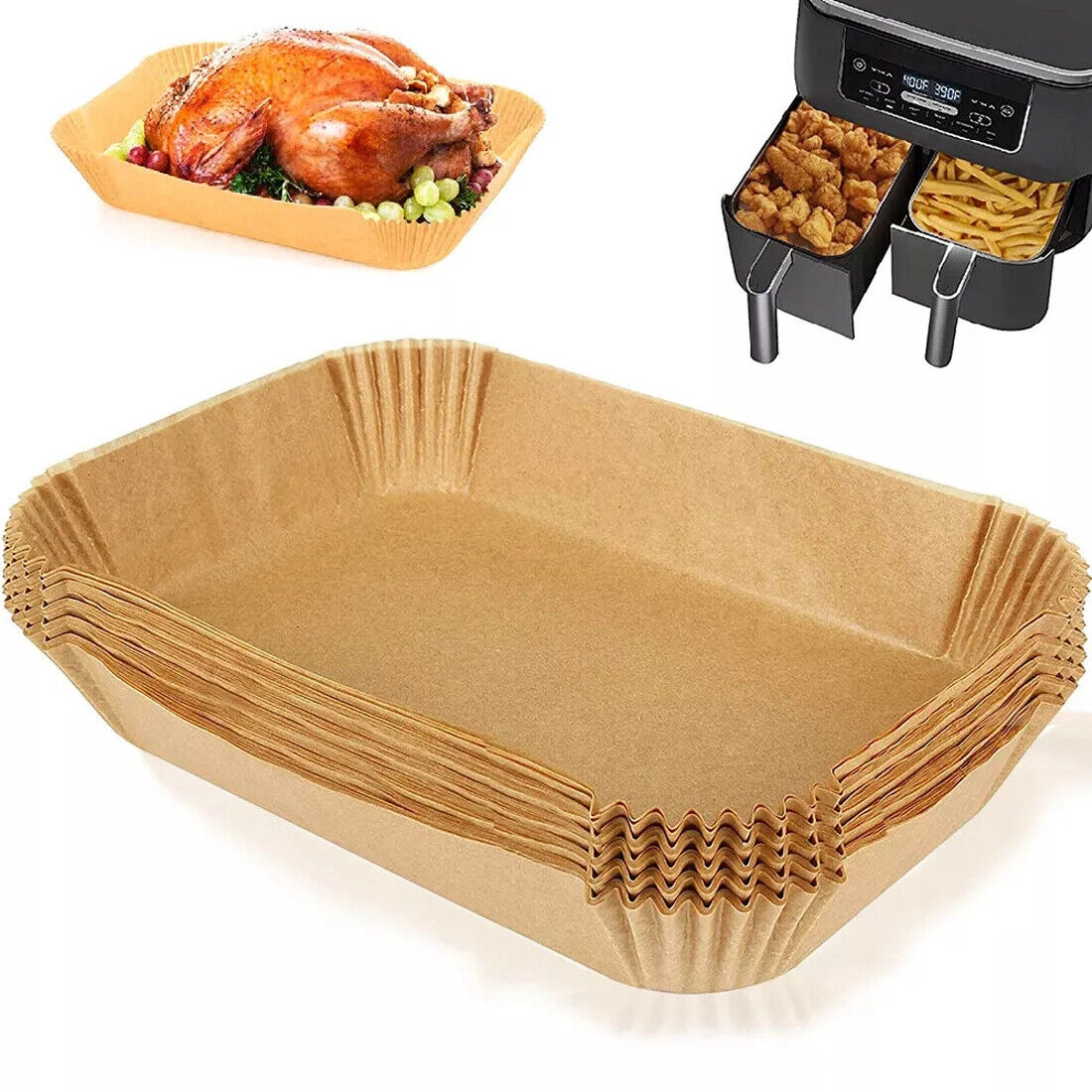 100pcs Air Fryer Paper Liners + 100pcs Round Pad Papers, Disposable Non-Stick Parchment, UK view 2