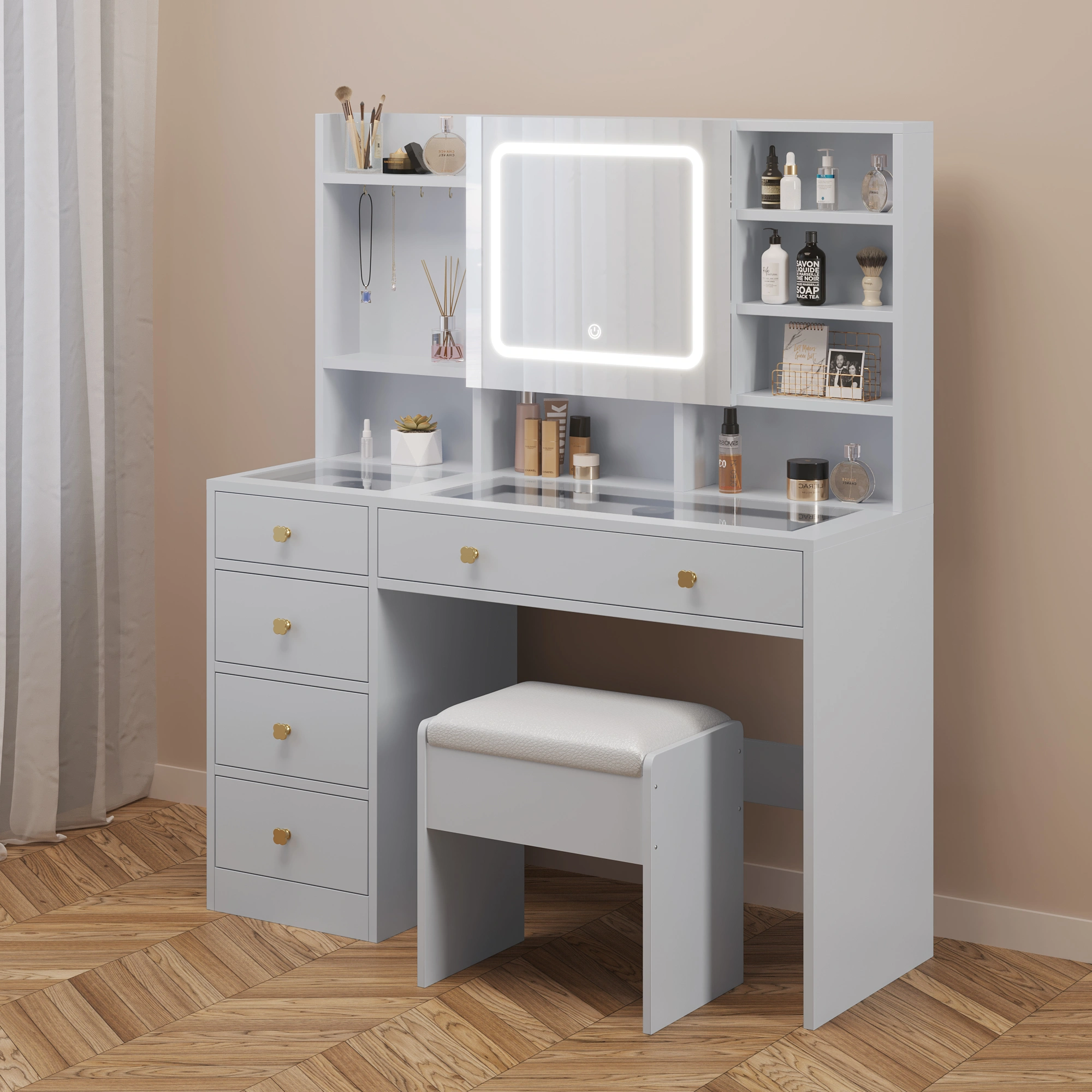 5-Drawer Dressing Table Set with Shelves and Hooks Dressing Table with Power Strip LED Three-Tone Mirror and Tempered Glass Desktop Particleboard Vanity Set with Textured Melamine Finish 47.24*15.75*53.54in White