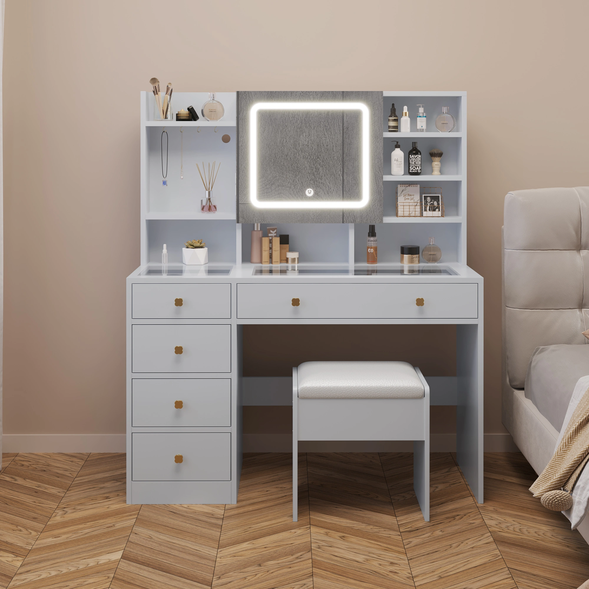 5-Drawer Dressing Table Set with Shelves and Hooks Dressing Table with Power Strip LED Three-Tone Mirror and Tempered Glass Desktop Particleboard Vanity Set with Textured Melamine Finish 47.24*15.75*53.54in White view 10