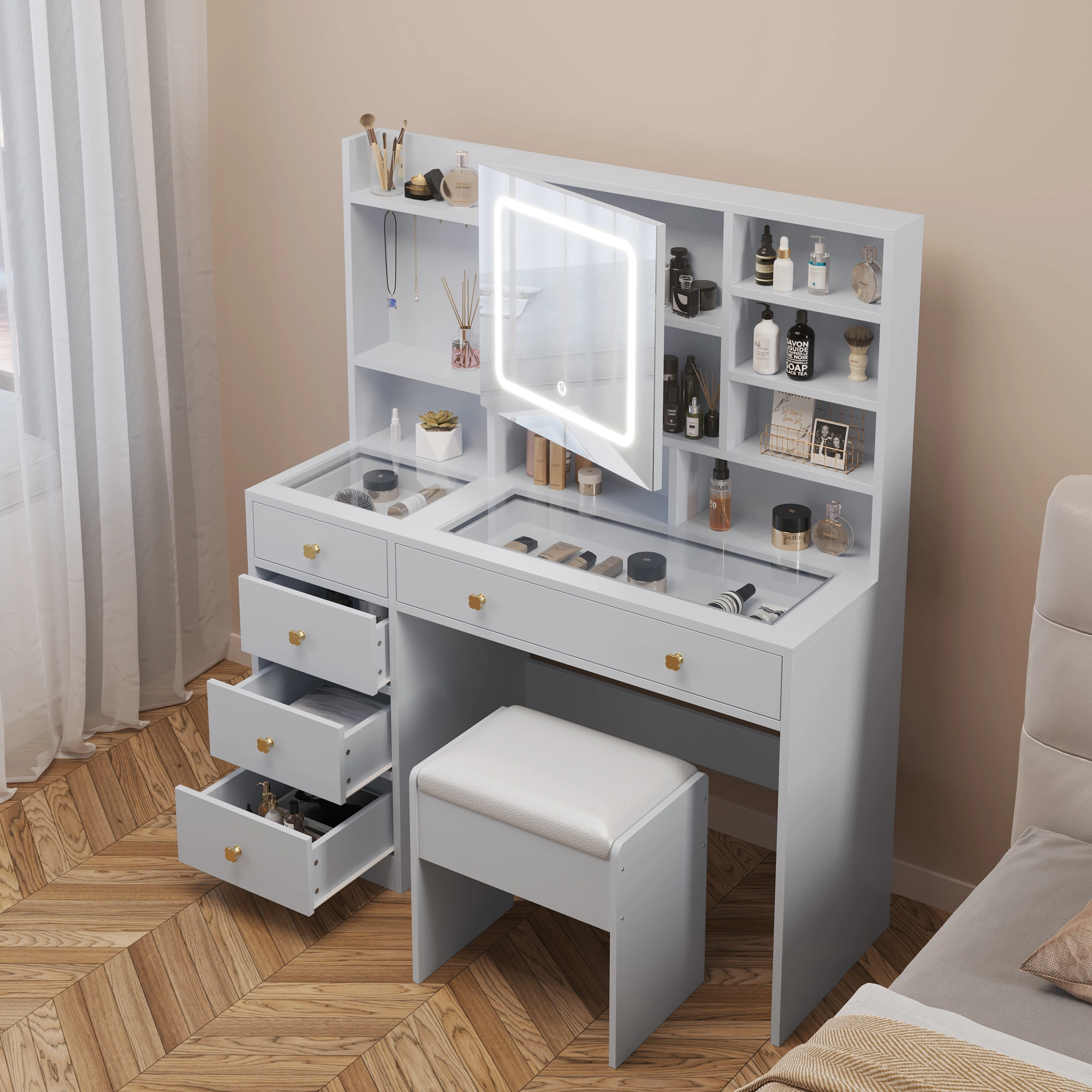 5-Drawer Dressing Table Set with Shelves and Hooks Dressing Table with Power Strip LED Three-Tone Mirror and Tempered Glass Desktop Particleboard Vanity Set with Textured Melamine Finish 47.24*15.75*53.54in White view 11