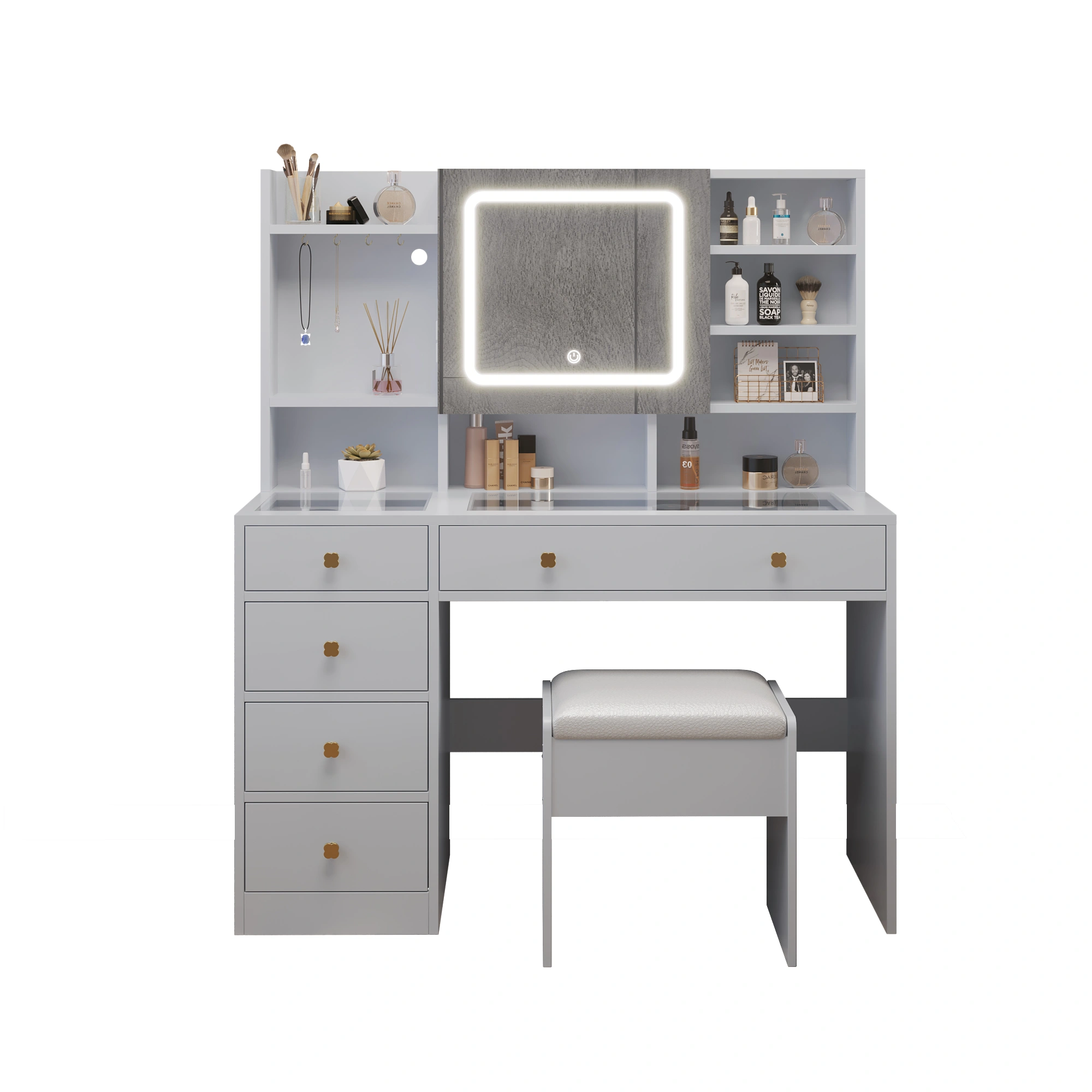 5-Drawer Dressing Table Set with Shelves and Hooks Dressing Table with Power Strip LED Three-Tone Mirror and Tempered Glass Desktop Particleboard Vanity Set with Textured Melamine Finish 47.24*15.75*53.54in White view 2