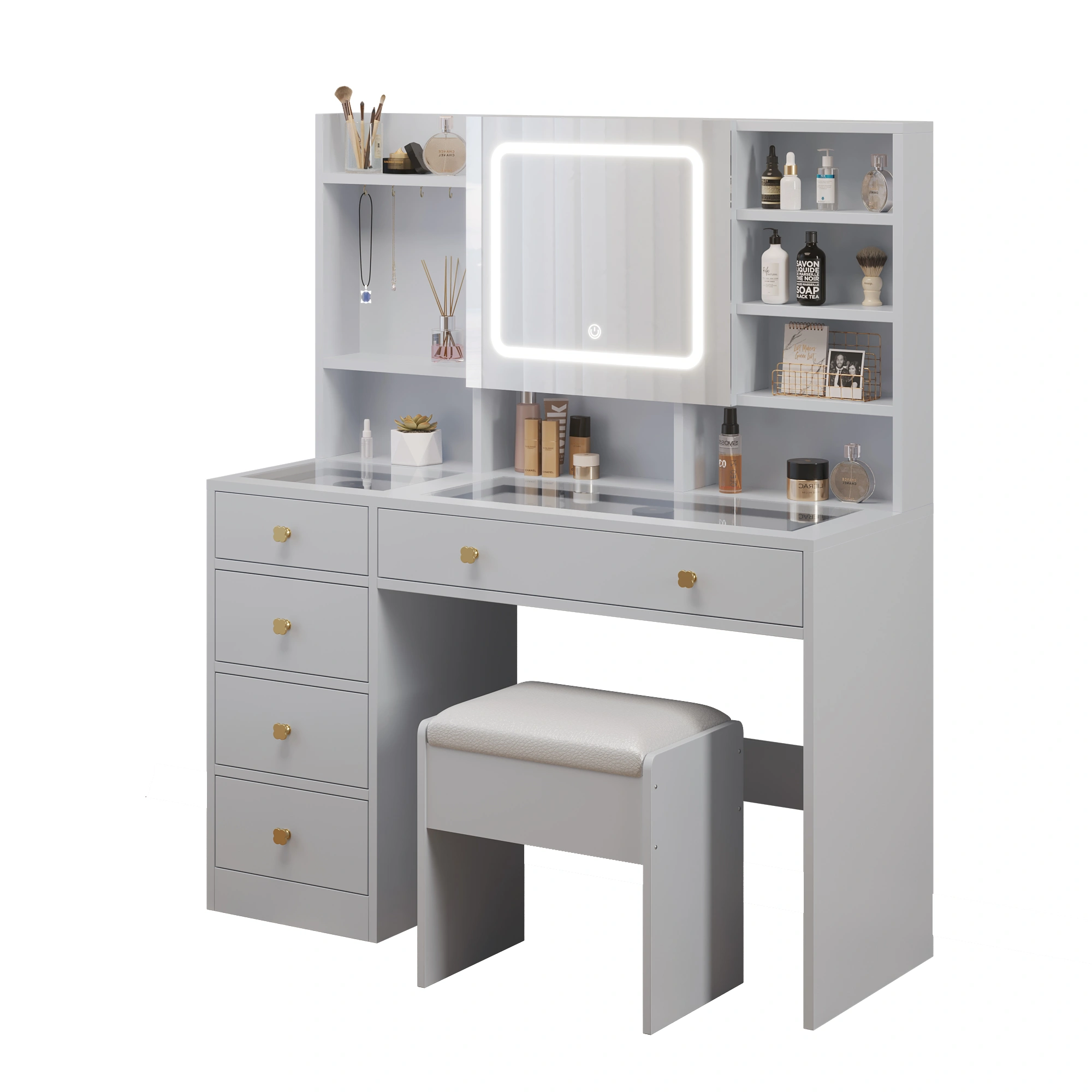 5-Drawer Dressing Table Set with Shelves and Hooks Dressing Table with Power Strip LED Three-Tone Mirror and Tempered Glass Desktop Particleboard Vanity Set with Textured Melamine Finish 47.24*15.75*53.54in White view 3
