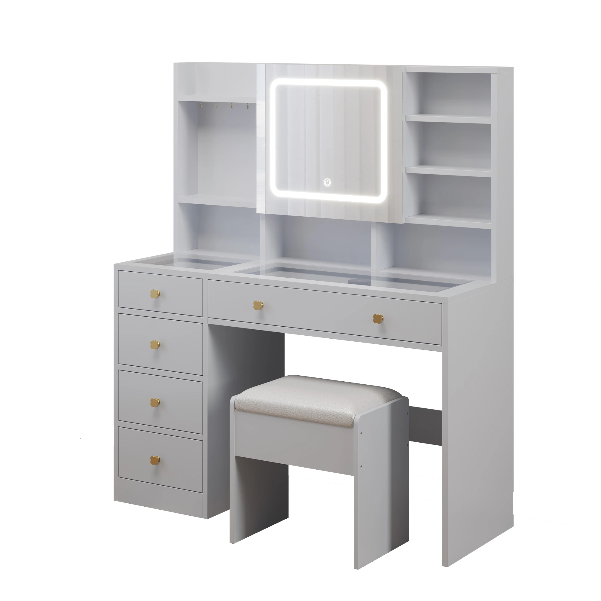 5-Drawer Dressing Table Set with Shelves and Hooks Dressing Table with Power Strip LED Three-Tone Mirror and Tempered Glass Desktop Particleboard Vanity Set with Textured Melamine Finish 47.24*15.75*53.54in White view 4