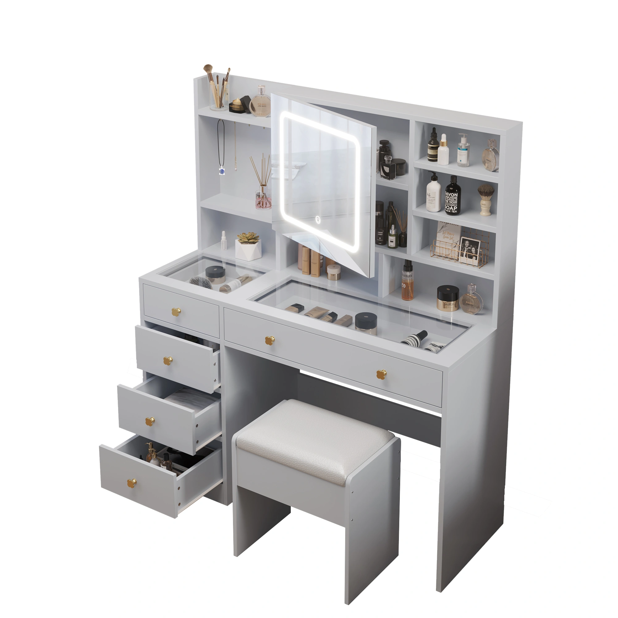 5-Drawer Dressing Table Set with Shelves and Hooks Dressing Table with Power Strip LED Three-Tone Mirror and Tempered Glass Desktop Particleboard Vanity Set with Textured Melamine Finish 47.24*15.75*53.54in White view 5