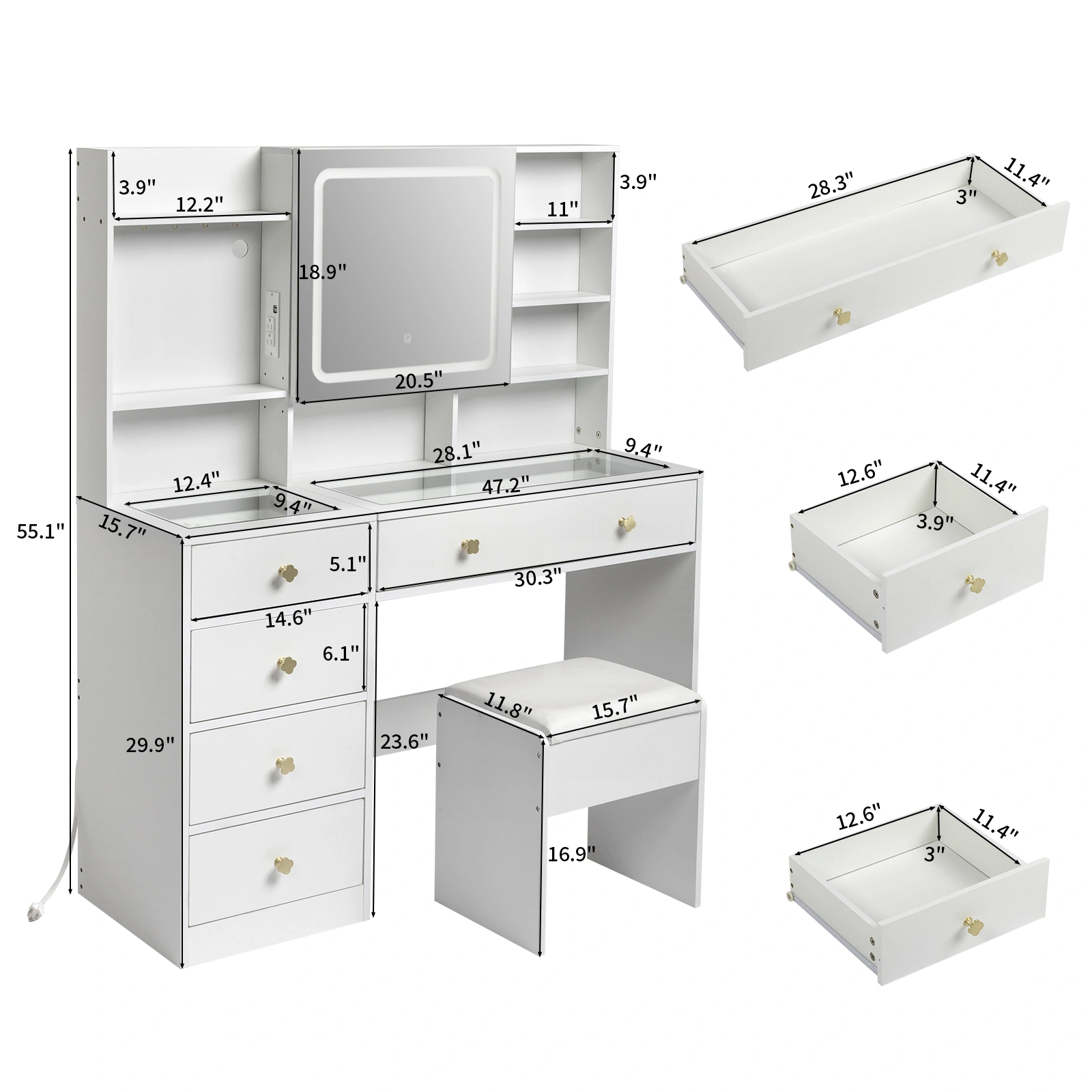 5-Drawer Dressing Table Set with Shelves and Hooks Dressing Table with Power Strip LED Three-Tone Mirror and Tempered Glass Desktop Particleboard Vanity Set with Textured Melamine Finish 47.24*15.75*53.54in White view 6