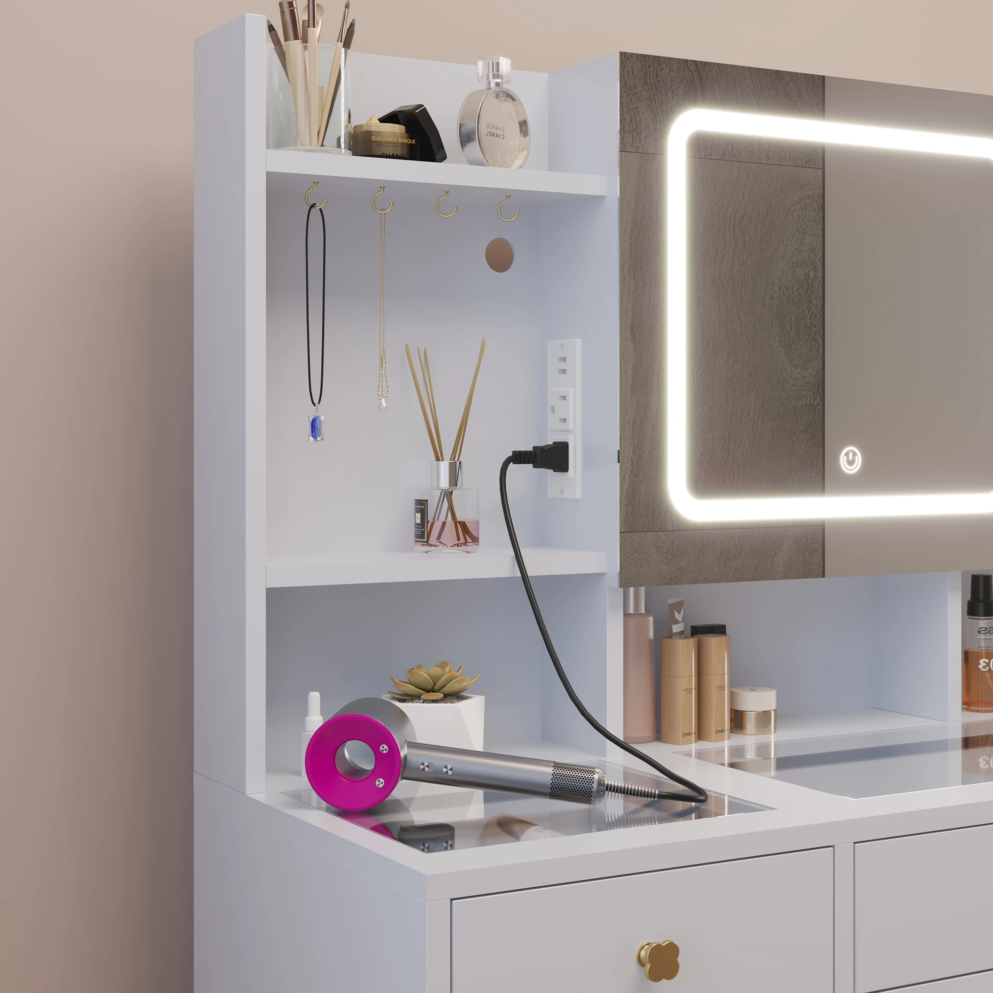 5-Drawer Dressing Table Set with Shelves and Hooks Dressing Table with Power Strip LED Three-Tone Mirror and Tempered Glass Desktop Particleboard Vanity Set with Textured Melamine Finish 47.24*15.75*53.54in White view 7
