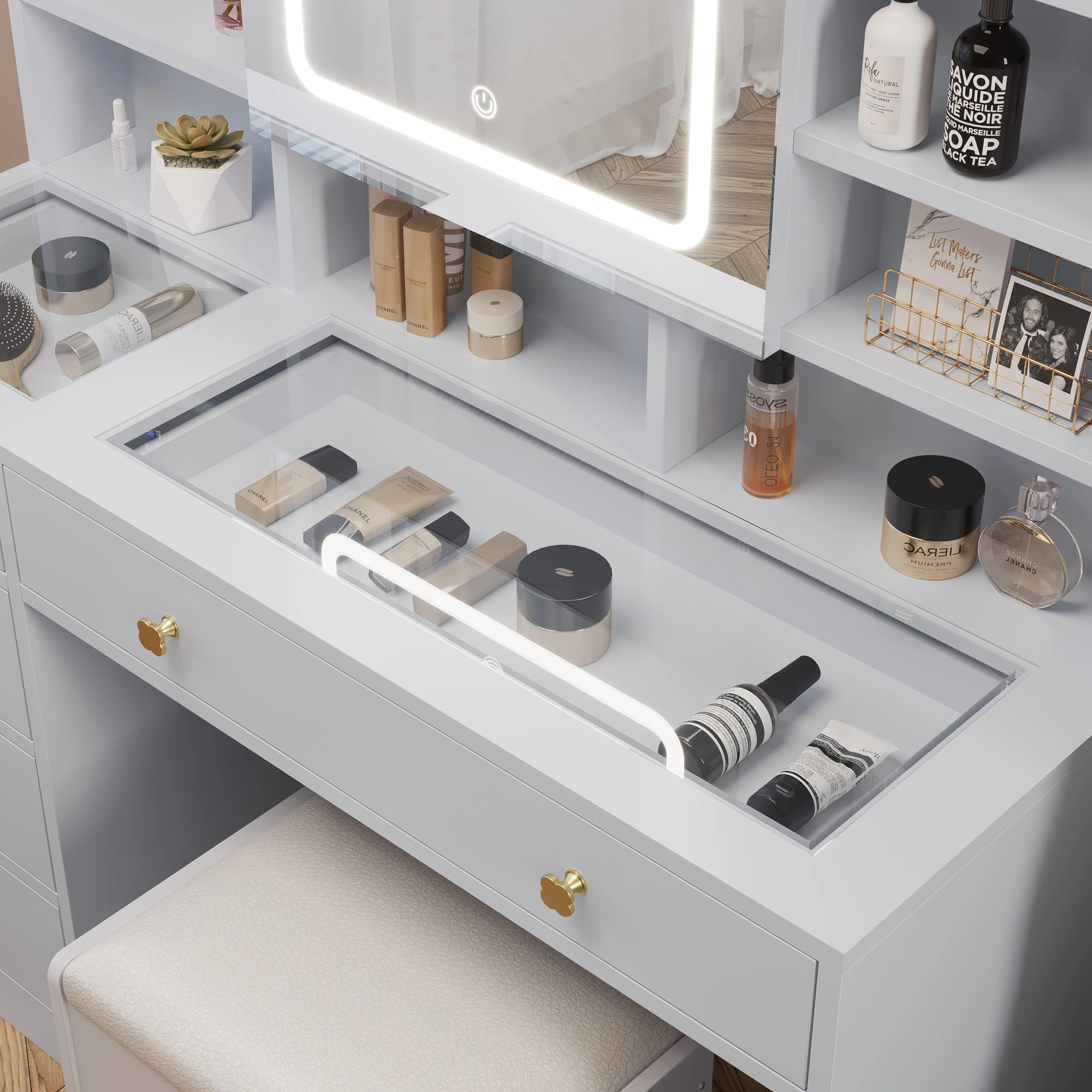 5-Drawer Dressing Table Set with Shelves and Hooks Dressing Table with Power Strip LED Three-Tone Mirror and Tempered Glass Desktop Particleboard Vanity Set with Textured Melamine Finish 47.24*15.75*53.54in White view 8