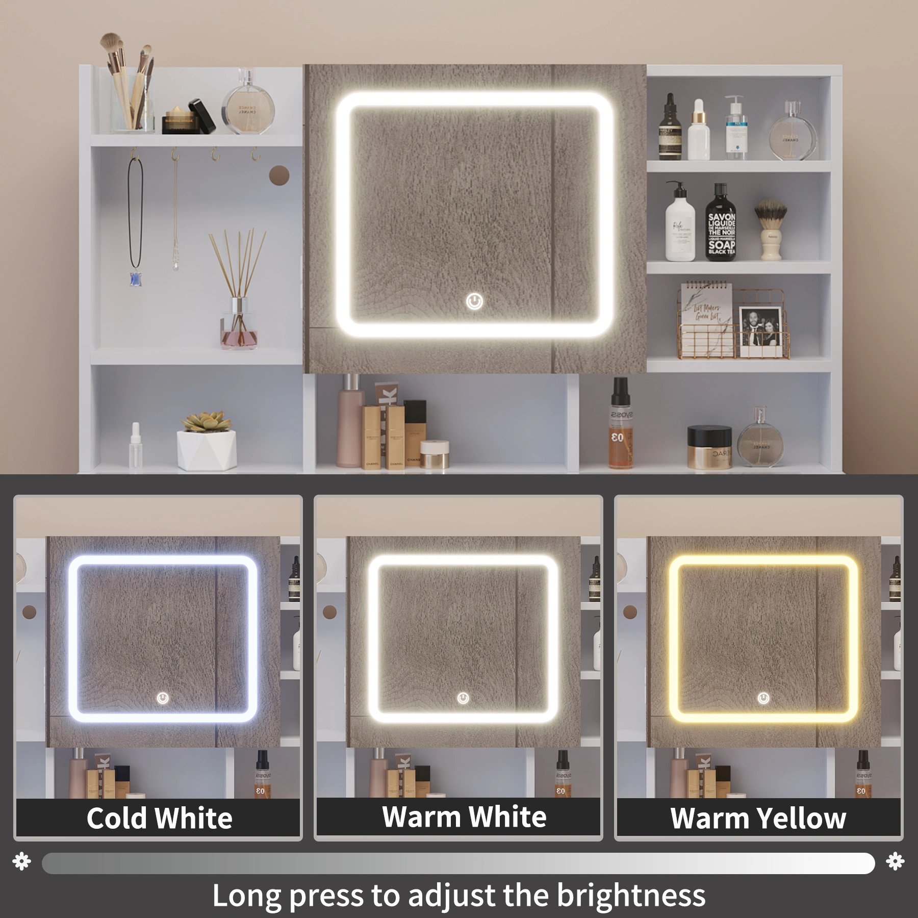 5-Drawer Dressing Table Set with Shelves and Hooks Dressing Table with Power Strip LED Three-Tone Mirror and Tempered Glass Desktop Particleboard Vanity Set with Textured Melamine Finish 47.24*15.75*53.54in White view 9