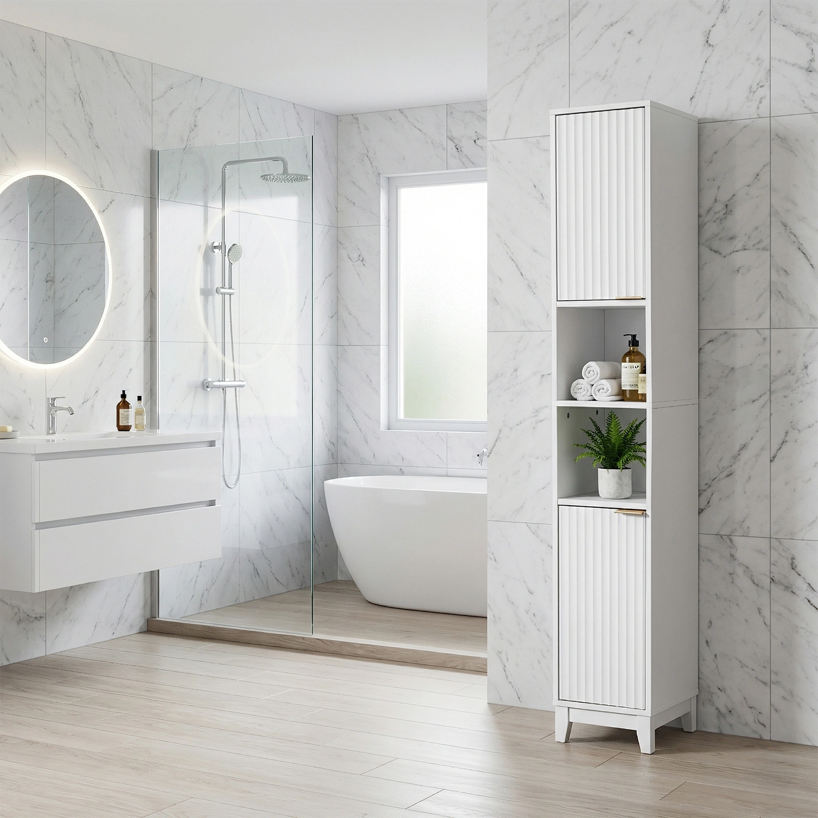 White particleboard with melamine veneer and MDF grid vacuum forming, 30*28*170cm, two doors and two shelves, bathroom vanity view 10