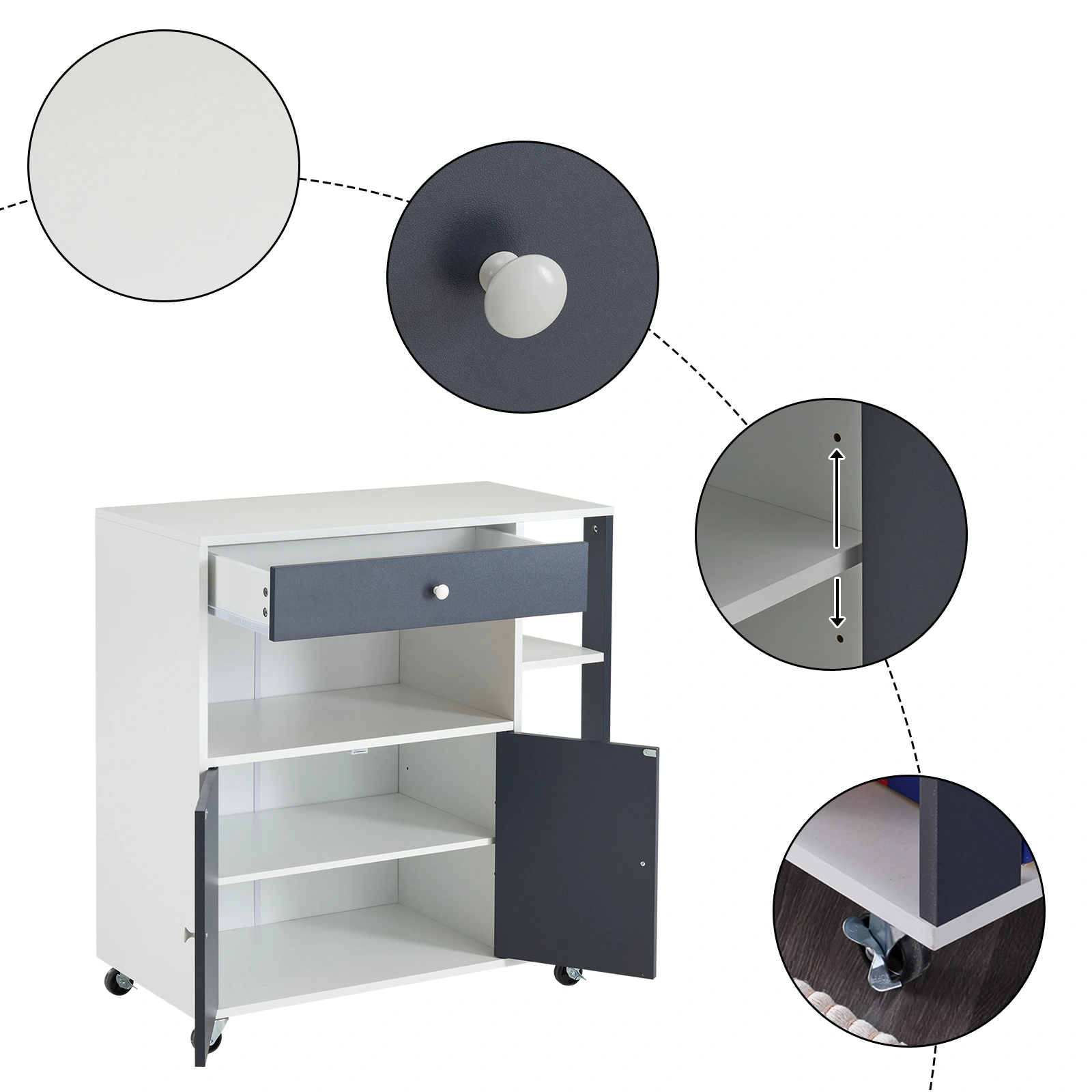 Kitchen Island Cart with 5 Shelves & 1 Drawer, Rolling Mobile Storage Cart on Wheels, White & Grey view 2