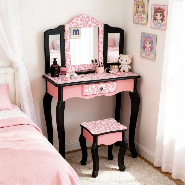 Three-Fold Mirror Single Drawer Arc Feet Children Dresser Red Leopard Print view 2
