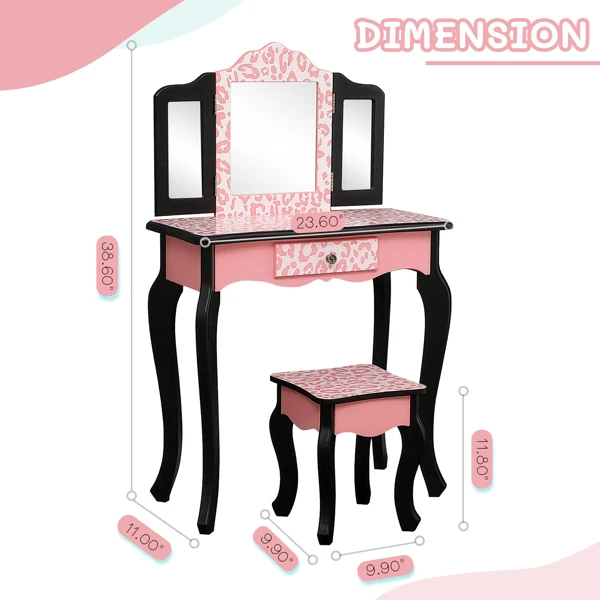 Three-Fold Mirror Single Drawer Arc Feet Children Dresser Red Leopard Print view 3