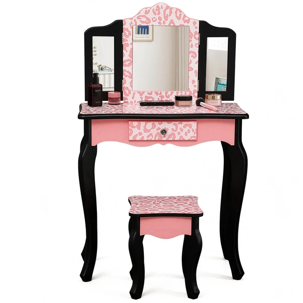 Three-Fold Mirror Single Drawer Arc Feet Children Dresser Red Leopard Print view 5