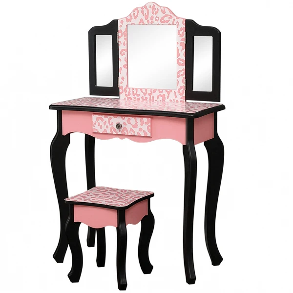 Three-Fold Mirror Single Drawer Arc Feet Children Dresser Red Leopard Print view 6
