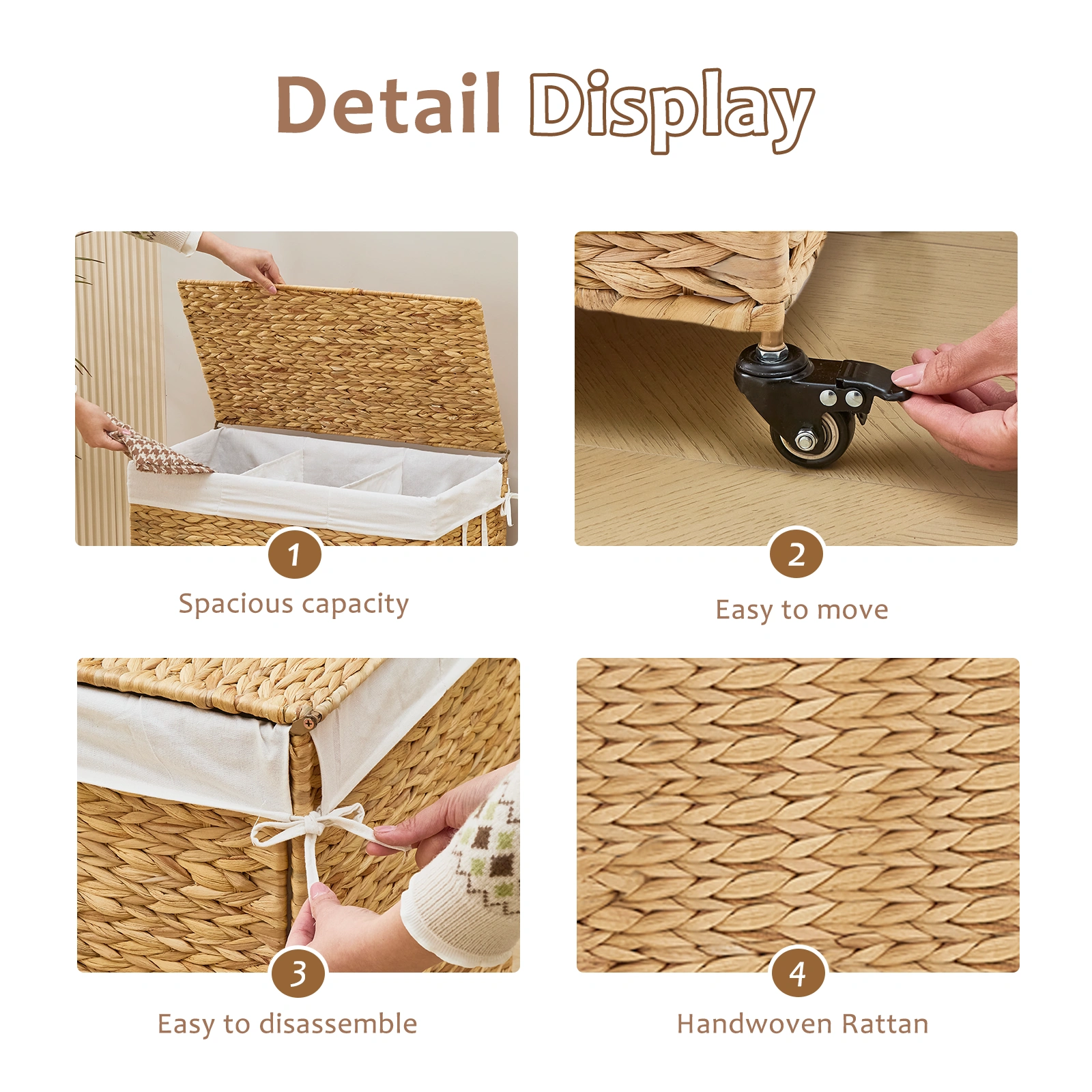 160L 3-Section Laundry Hamper with Lid and Wheels, Woven Natural Water Hyacinth Rolling Laundry Hamper view 4