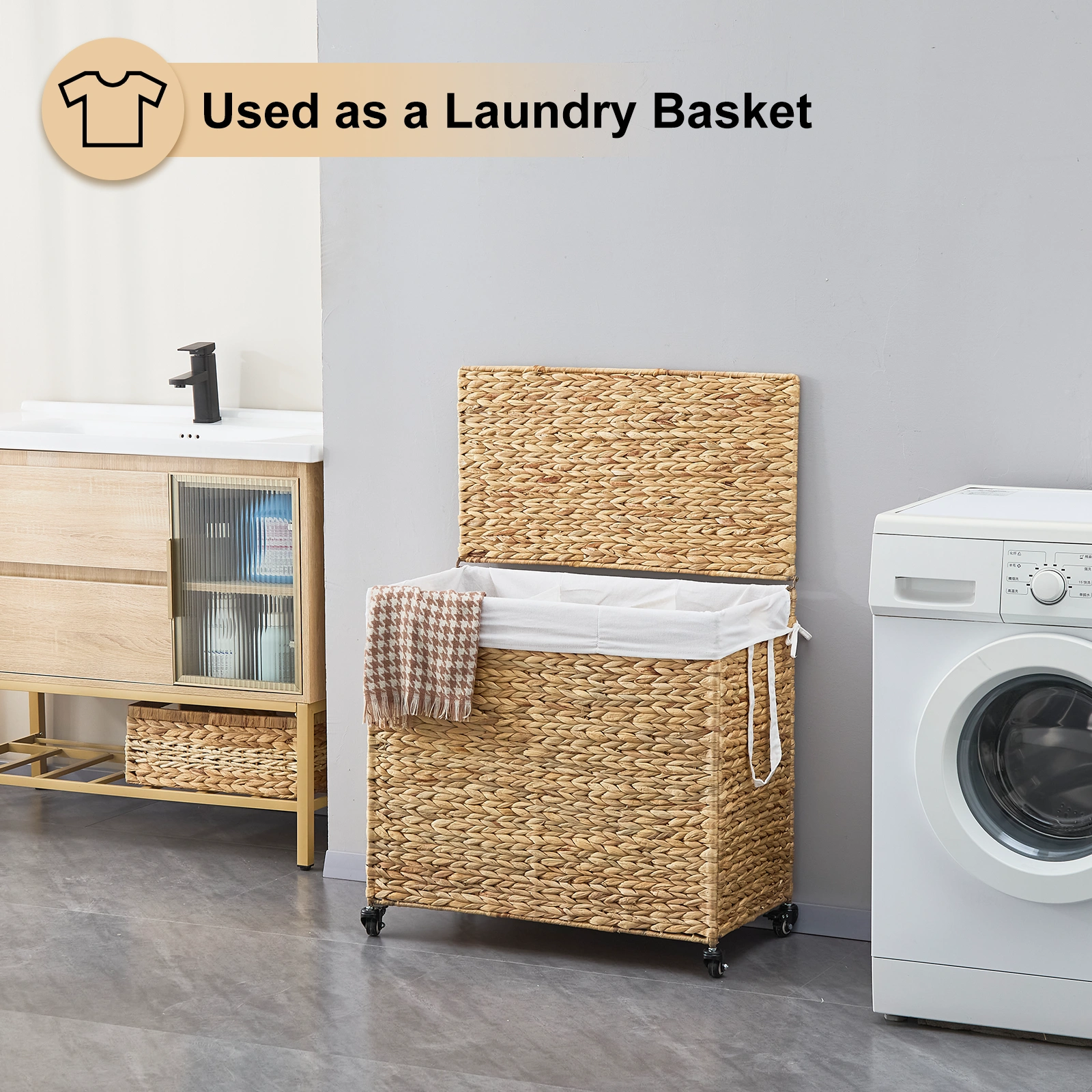 160L 3-Section Laundry Hamper with Lid and Wheels, Woven Natural Water Hyacinth Rolling Laundry Hamper view 8