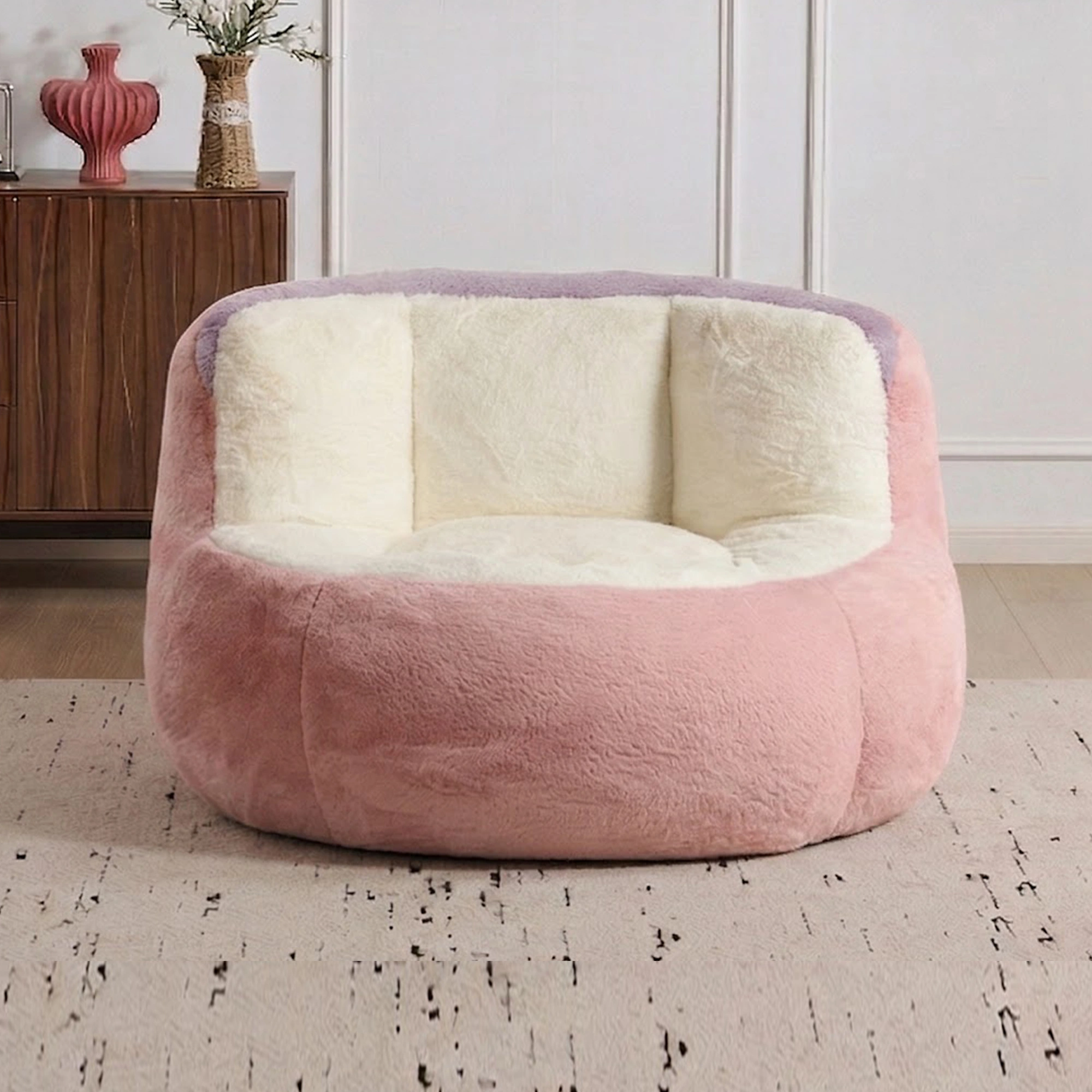 Oversized Faux Fur Bean Bag Chair, Shredded Sponge Fill Lounger Sofa, No Assembly Required, Pink White Purple view 2