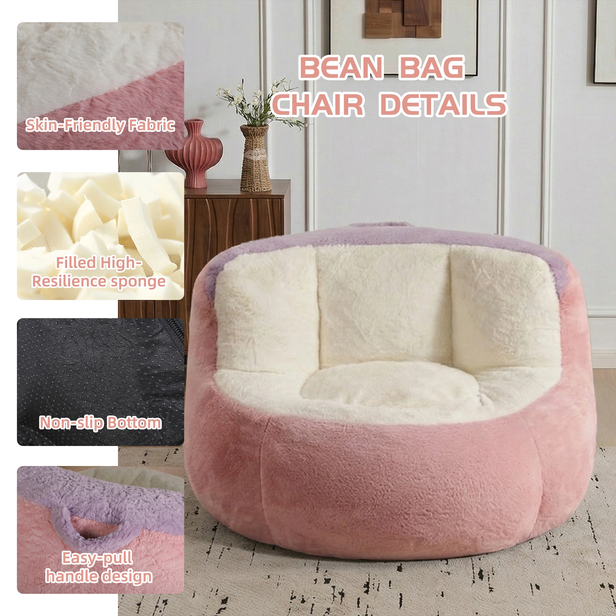 Oversized Faux Fur Bean Bag Chair, Shredded Sponge Fill Lounger Sofa, No Assembly Required, Pink White Purple view 4