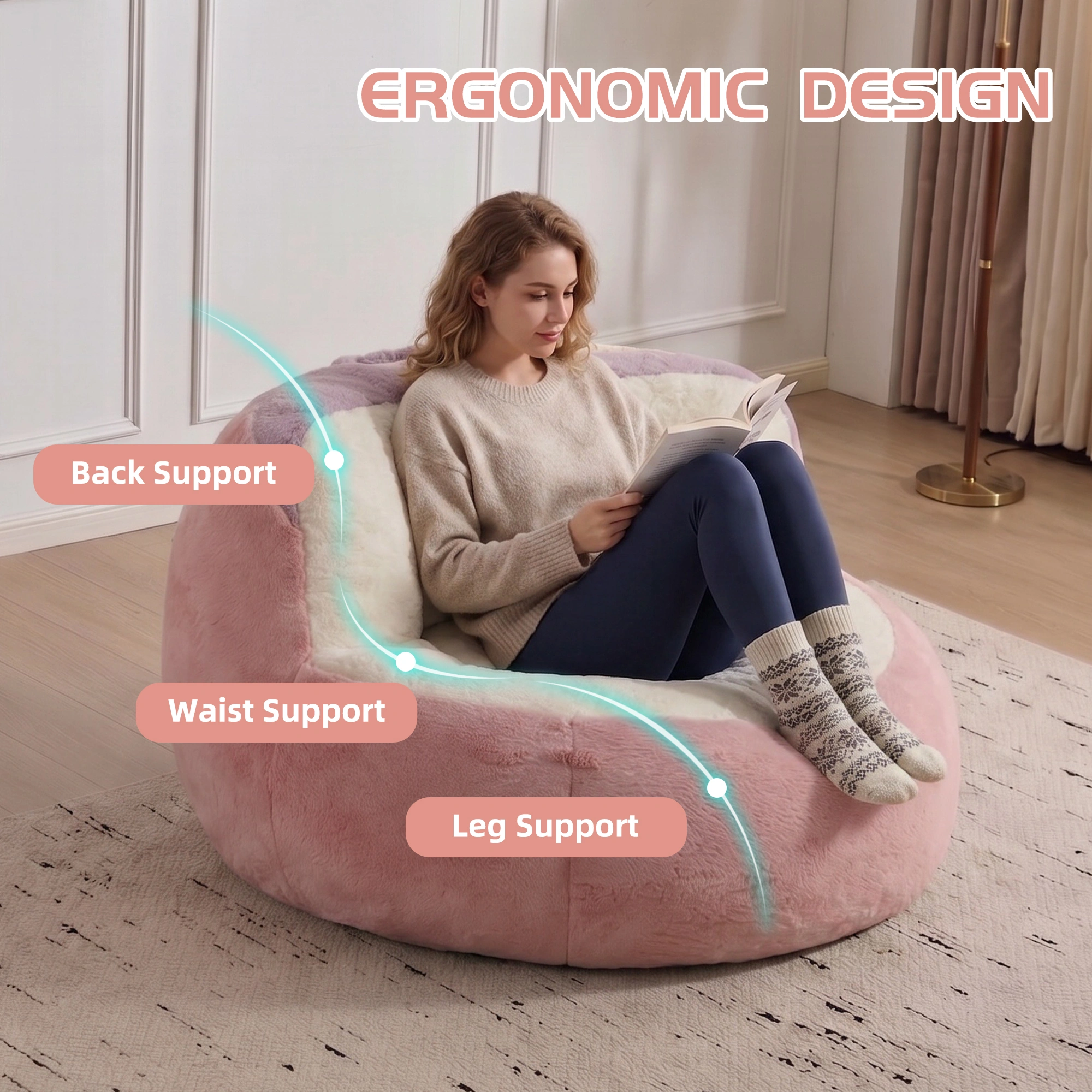 Oversized Faux Fur Bean Bag Chair, Shredded Sponge Fill Lounger Sofa, No Assembly Required, Pink White Purple view 5