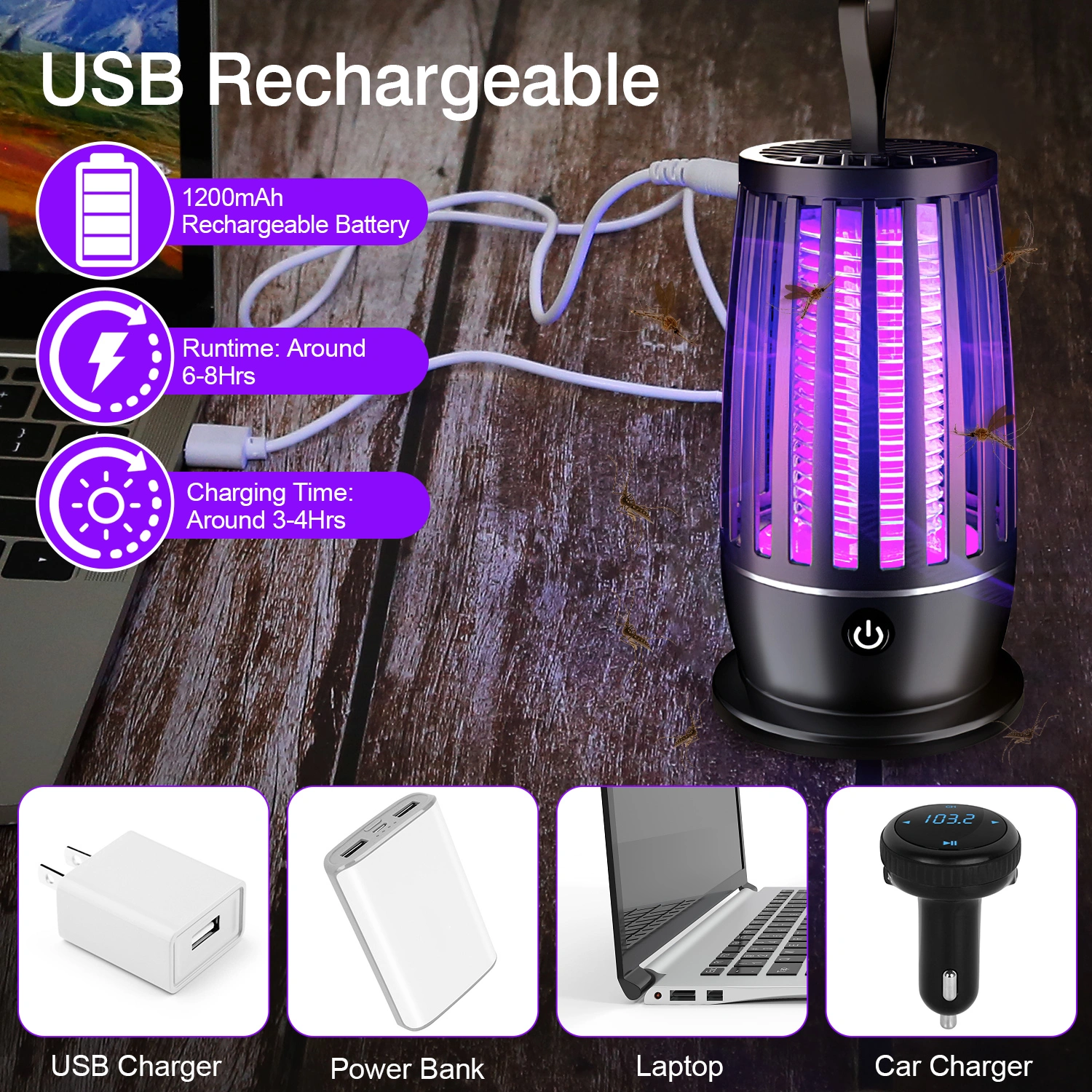 Rechargeable Mosquito Killer Lamp with Night Light, UV Bug Zapper & Strap, 1615 sq ft Range for Indoor Outdoor Use view 2