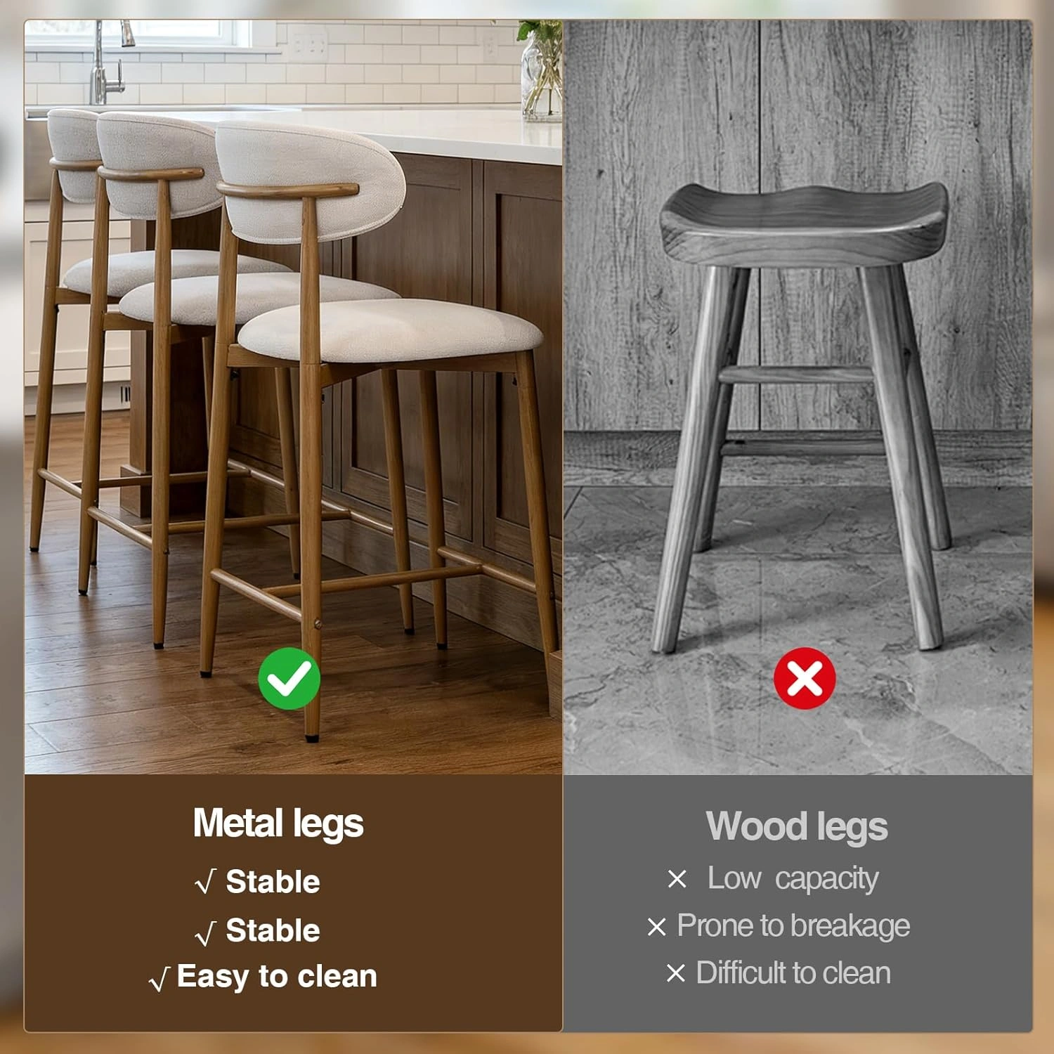 Counter Height Bar Stools Set of 2, Upholstered Modern Barstools with Metal Legs for Kitchen Island Dining Room, Beige view 11
