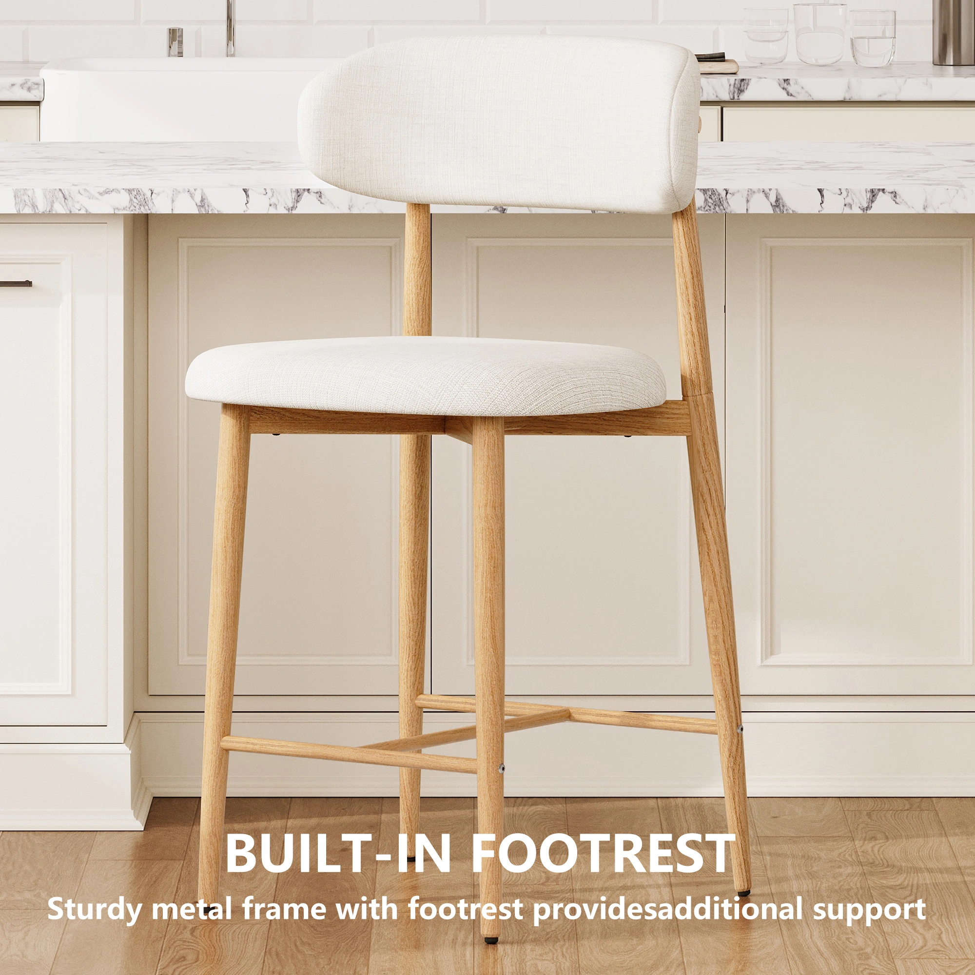 Counter Height Bar Stools Set of 2, Upholstered Modern Barstools with Metal Legs for Kitchen Island Dining Room, Beige view 14