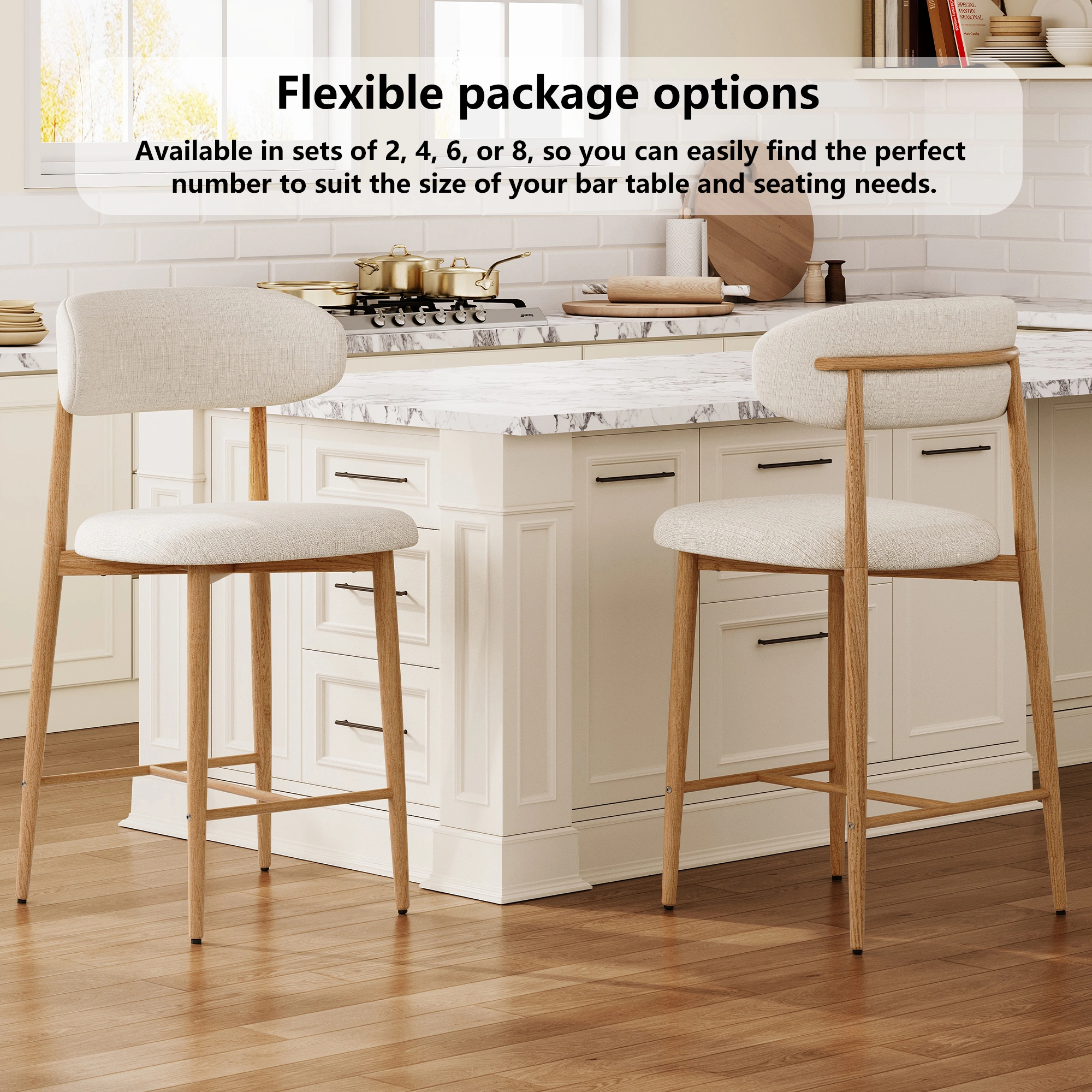 Counter Height Bar Stools Set of 2, Upholstered Modern Barstools with Metal Legs for Kitchen Island Dining Room, Beige view 18