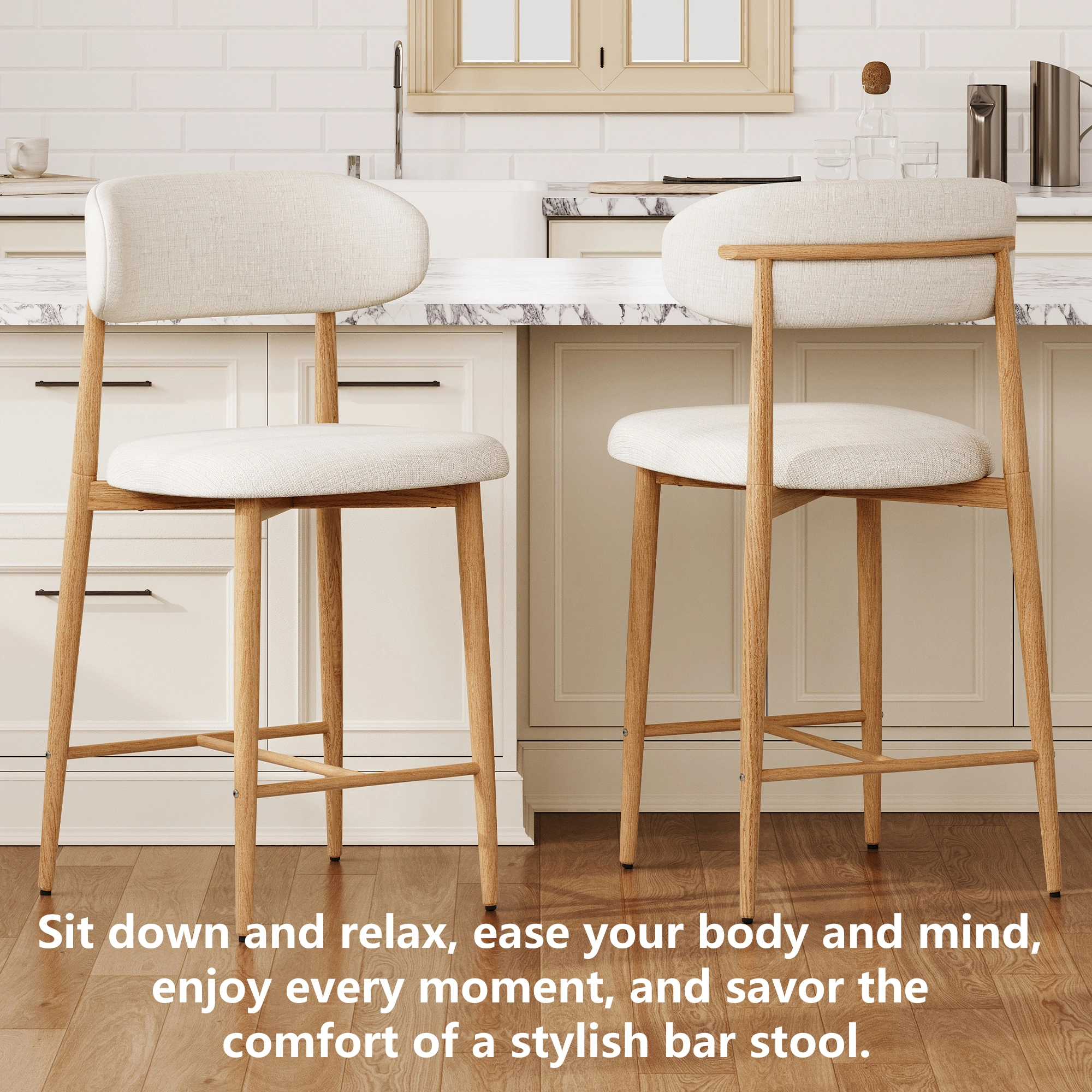 Counter Height Bar Stools Set of 2, Upholstered Modern Barstools with Metal Legs for Kitchen Island Dining Room, Beige view 19