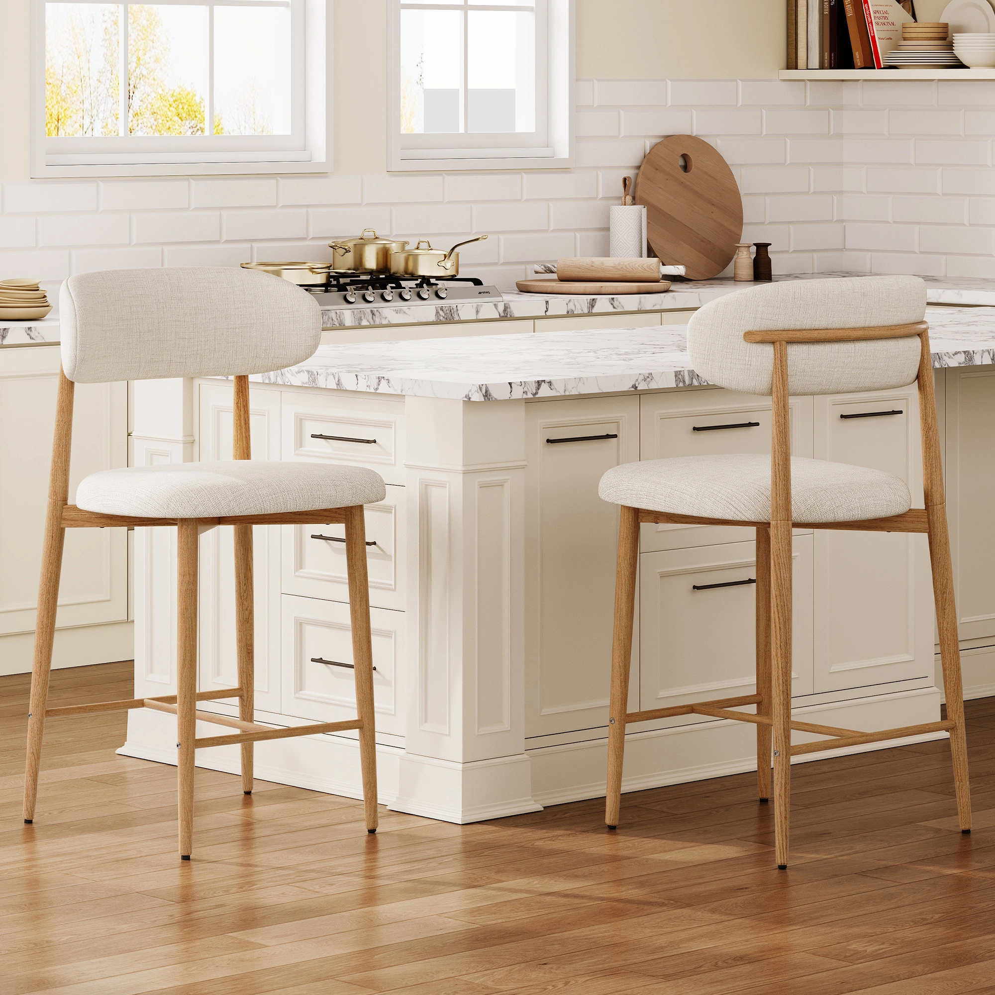 Counter Height Bar Stools Set of 2, Upholstered Modern Barstools with Metal Legs for Kitchen Island Dining Room, Beige view 20