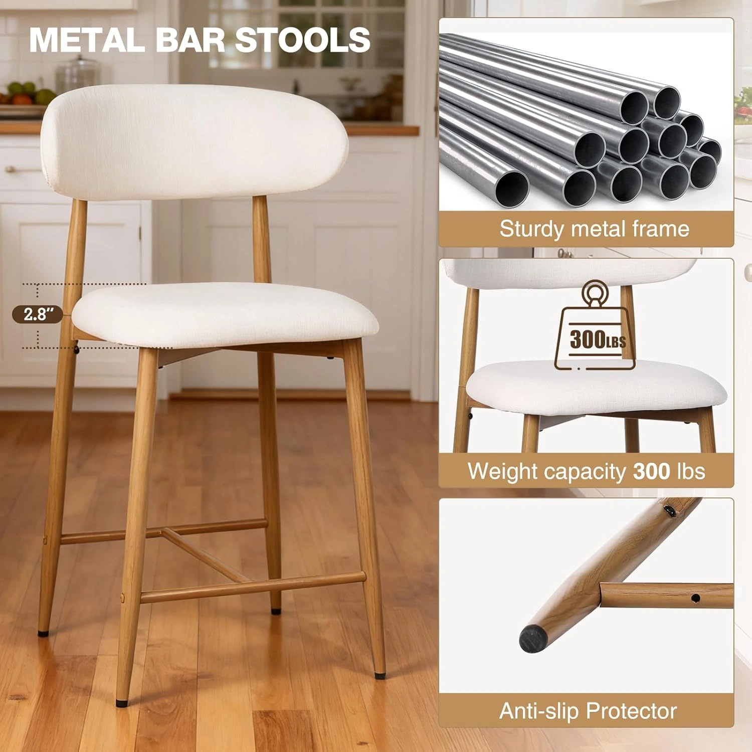 Counter Height Bar Stools Set of 2, Upholstered Modern Barstools with Metal Legs for Kitchen Island Dining Room, Beige view 6