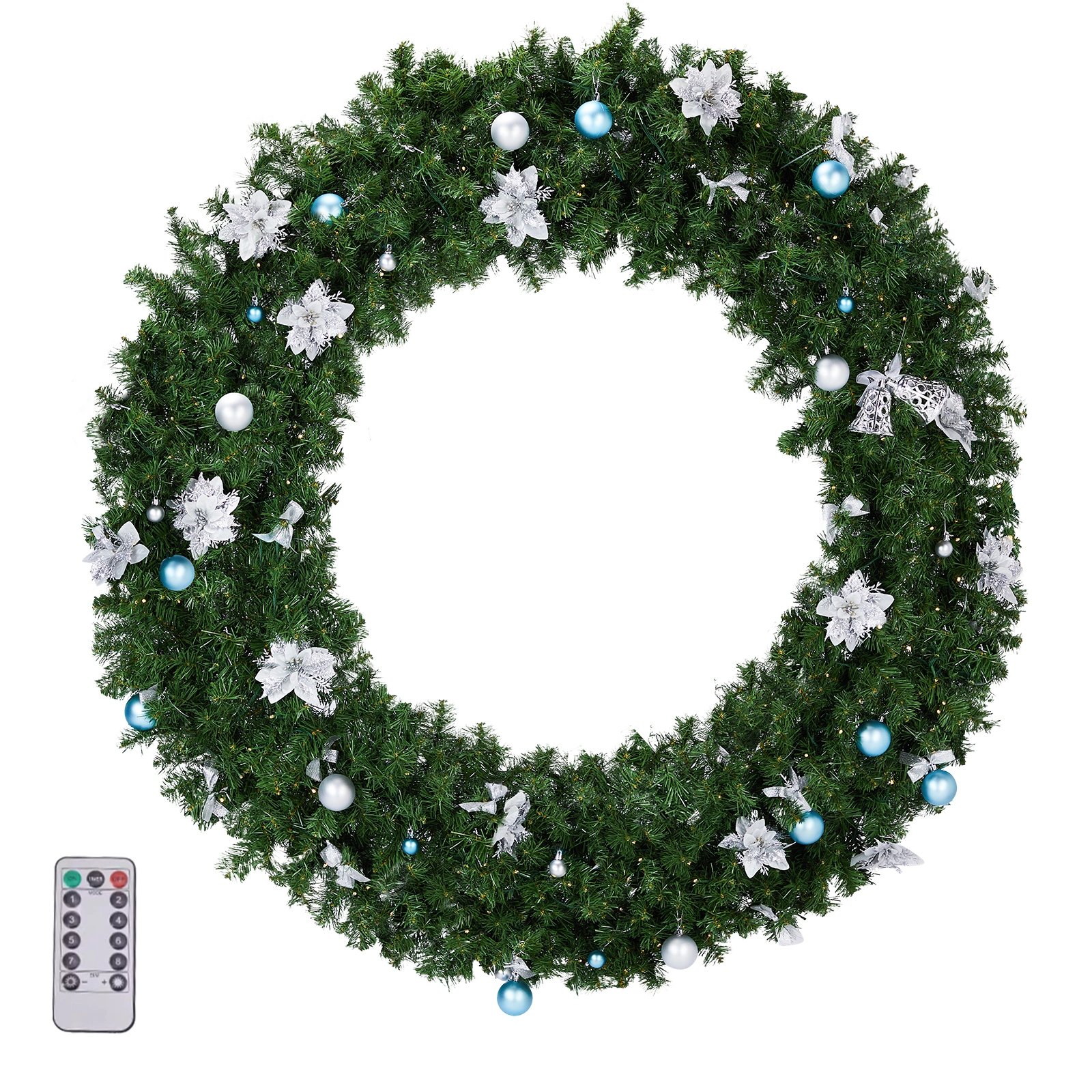 48in Pre-lit Christmas Wreath, Lighted Artificial Xmas Wreath with 150 Cold & Warm White Lights and 450 PVC Tips and DIY Ornaments, for Front Door Gate Wall Xmas Party Decorations, Light Green